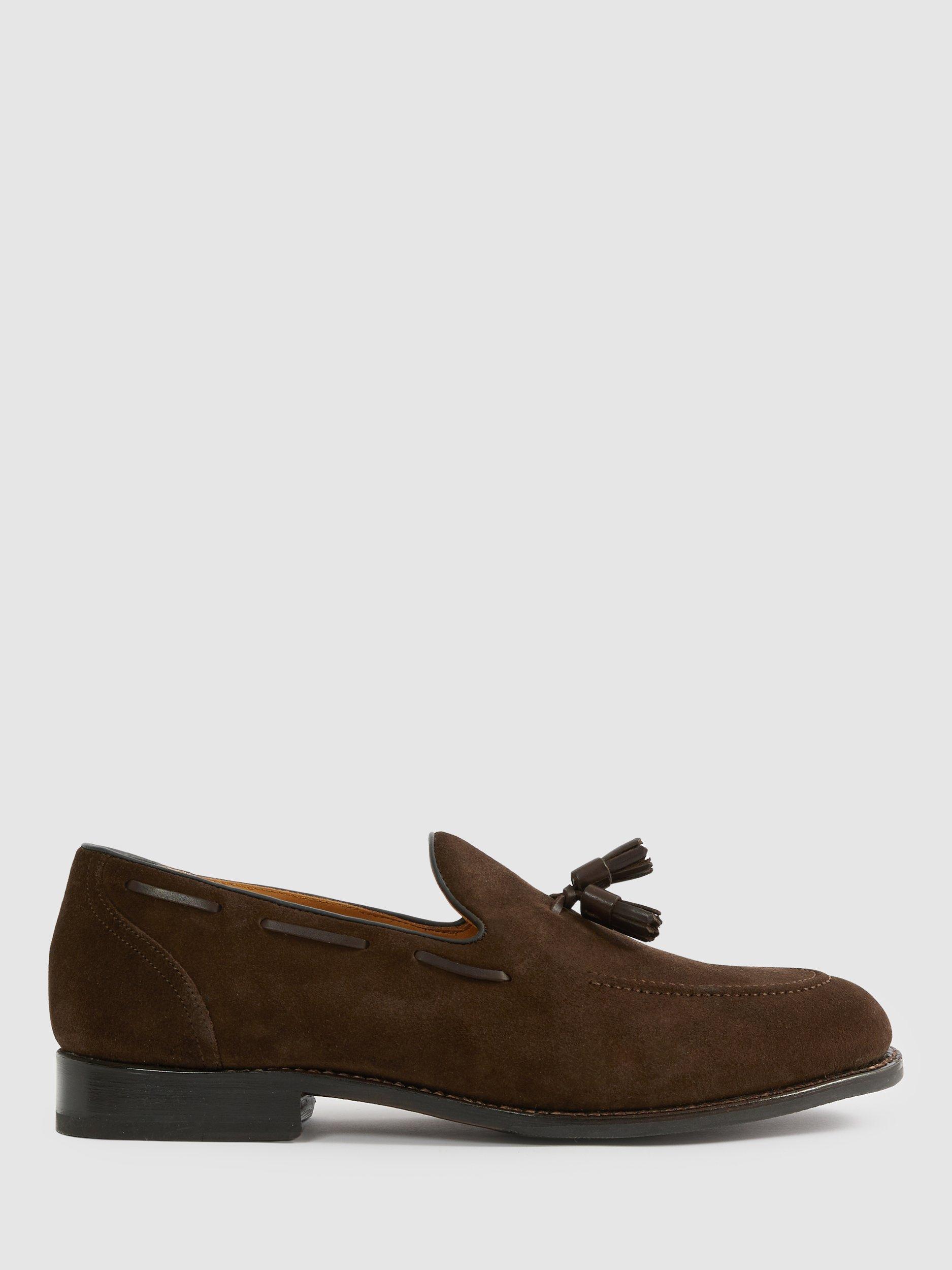 Product image 1 of 5, which shows Reiss Clayton Tasseled Suede Loafers, Dark Brown, 7
