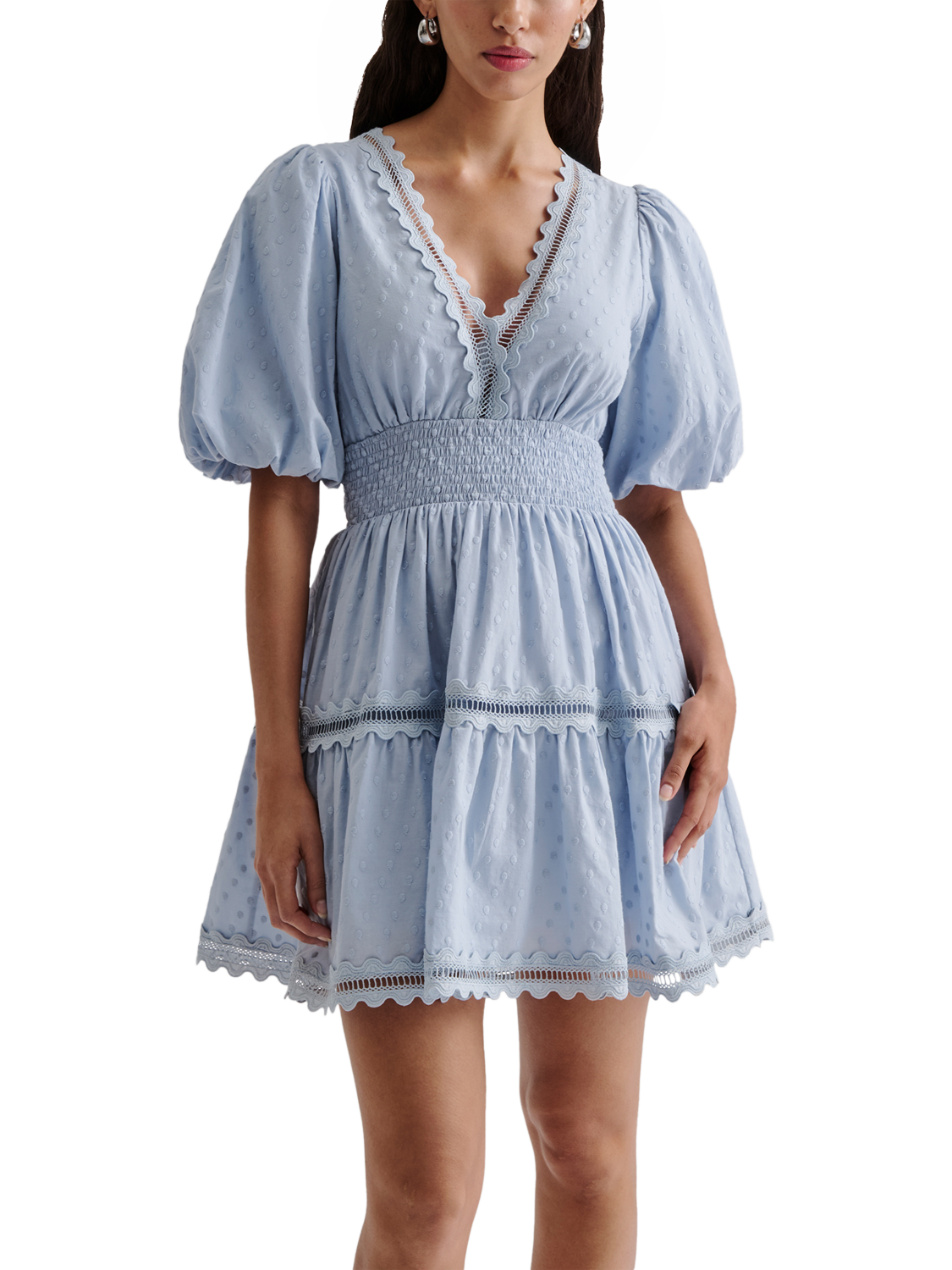 Product image 4 of 5, which shows Malina Elvira Broderie Anglaise Mini Dress, Dusty Blue, XS
