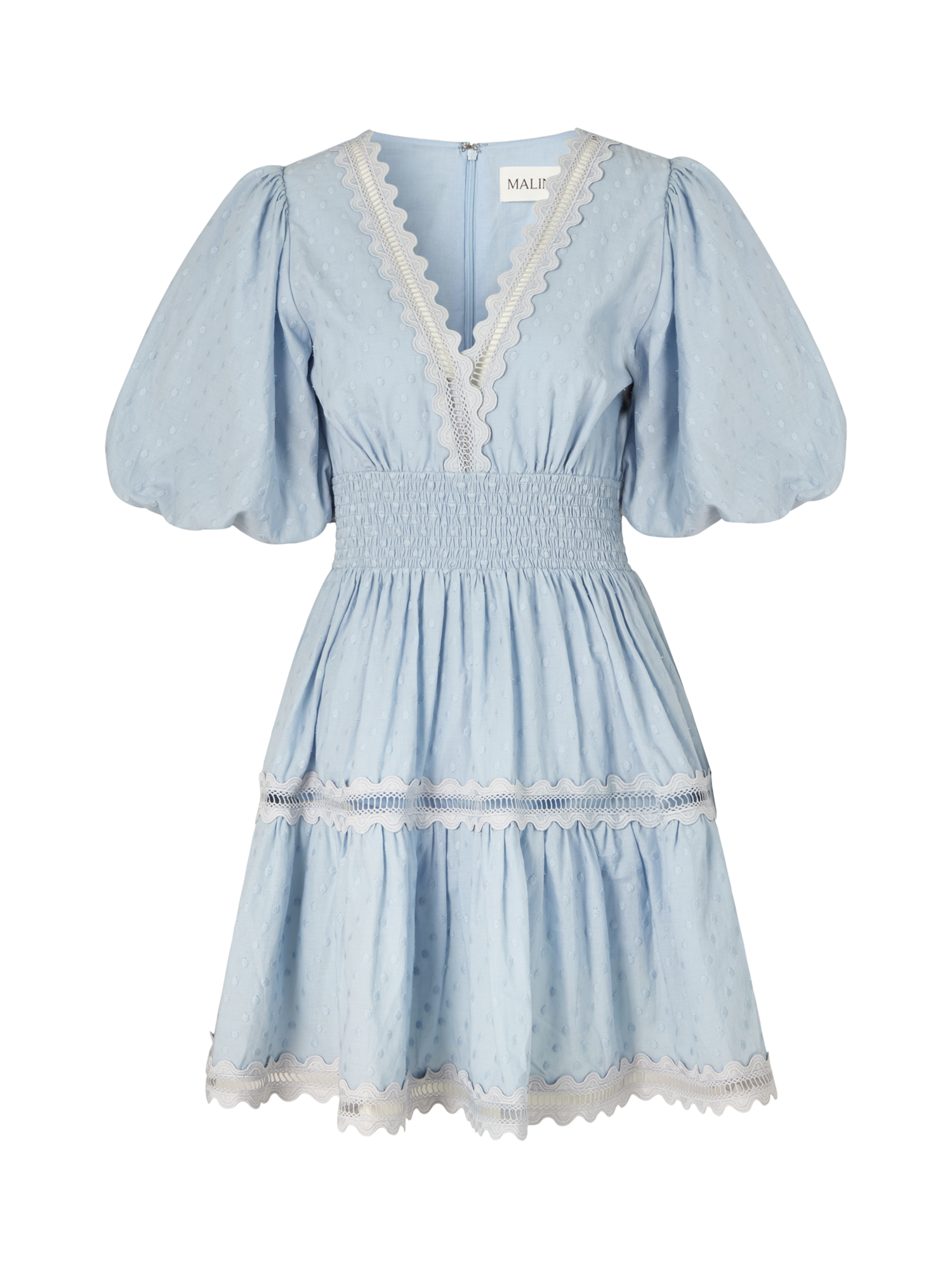 Product image 5 of 5, which shows Malina Elvira Broderie Anglaise Mini Dress, Dusty Blue, XS