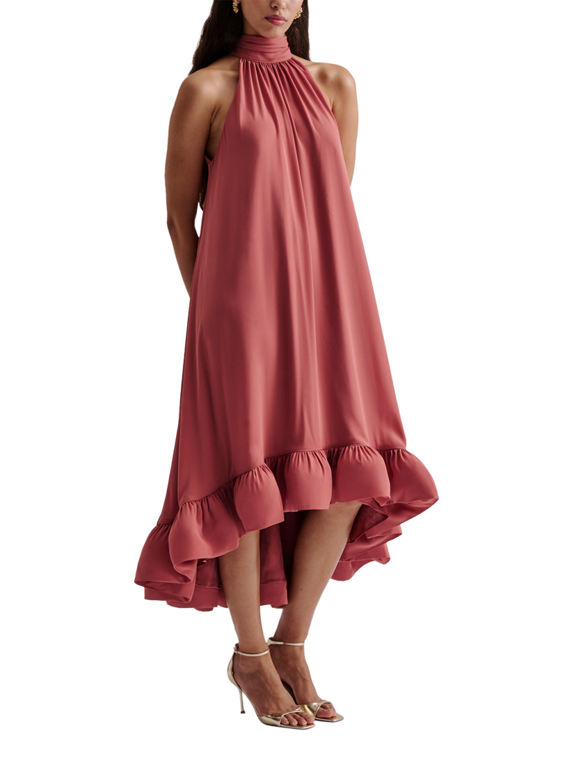 Product image 1 of 4, which shows Malina Sabrina Halterneck Ruffle Maxi Dress, Terracotta, XXS
