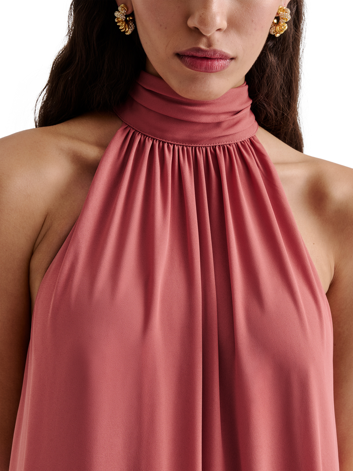 Product image 3 of 4, which shows Malina Sabrina Halterneck Ruffle Maxi Dress, Terracotta, XXS