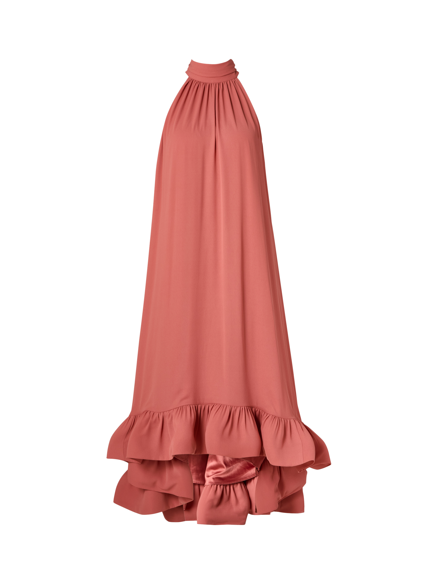 Product image 4 of 4, which shows Malina Sabrina Halterneck Ruffle Maxi Dress, Terracotta, XXS