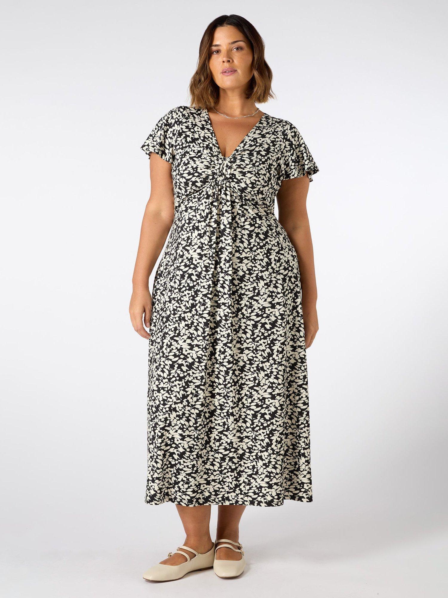 Product image 1 of 3, which shows Live Unlimited Curve Leaf Print Ruched Midi Dress, Black, 12