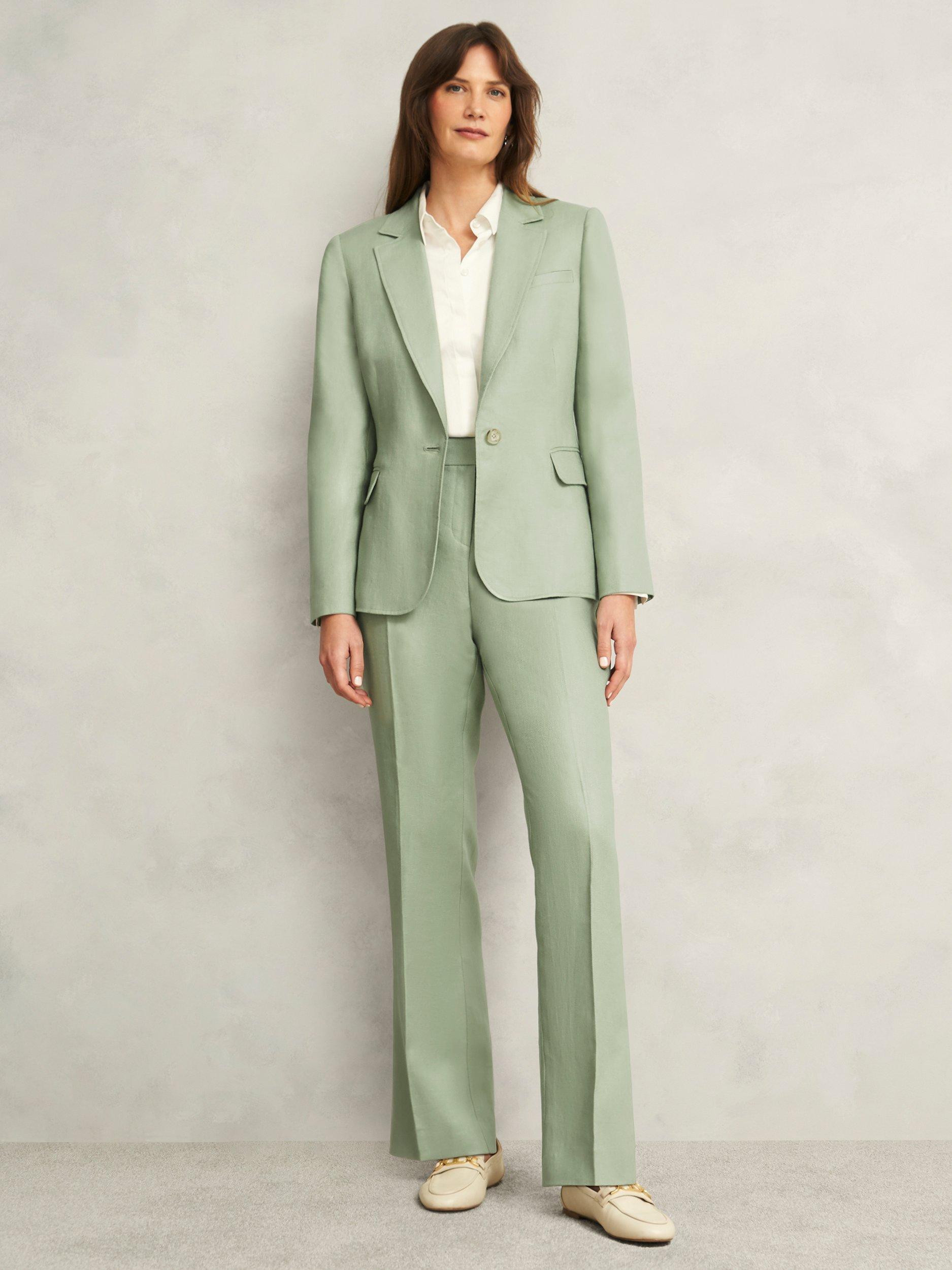Product image 1 of 6, which shows Hobbs Petite Marietta Linen Straight Leg Trousers, Sage Green, 12