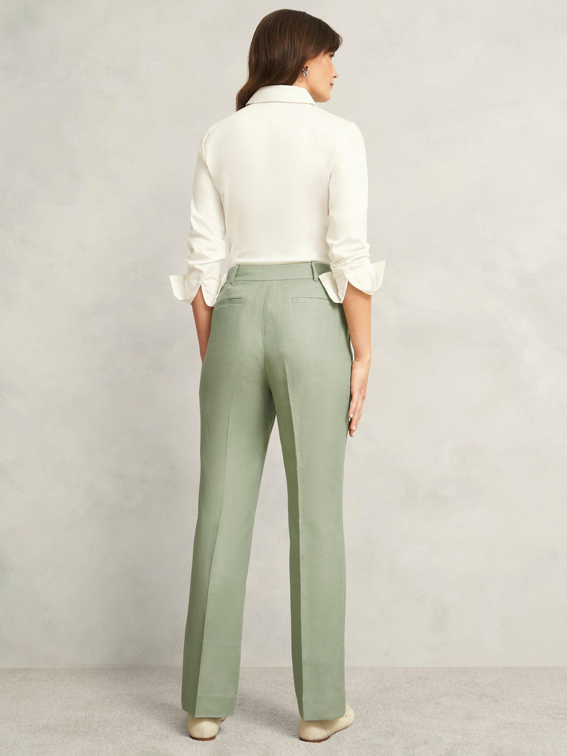 Product image 2 of 6, which shows Hobbs Petite Marietta Linen Straight Leg Trousers, Sage Green, 12