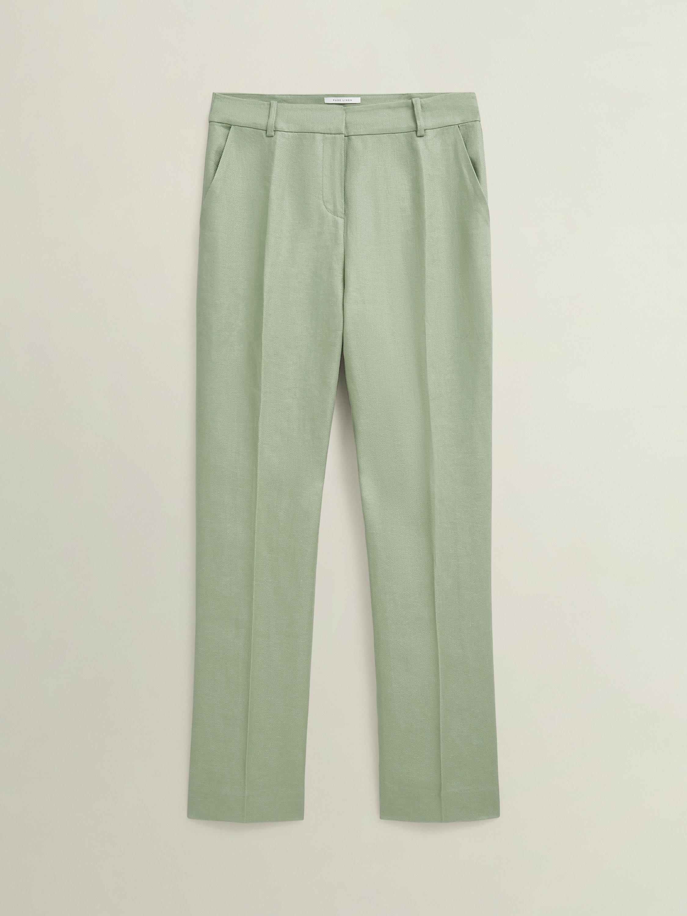 Product image 4 of 6, which shows Hobbs Petite Marietta Linen Straight Leg Trousers, Sage Green, 12