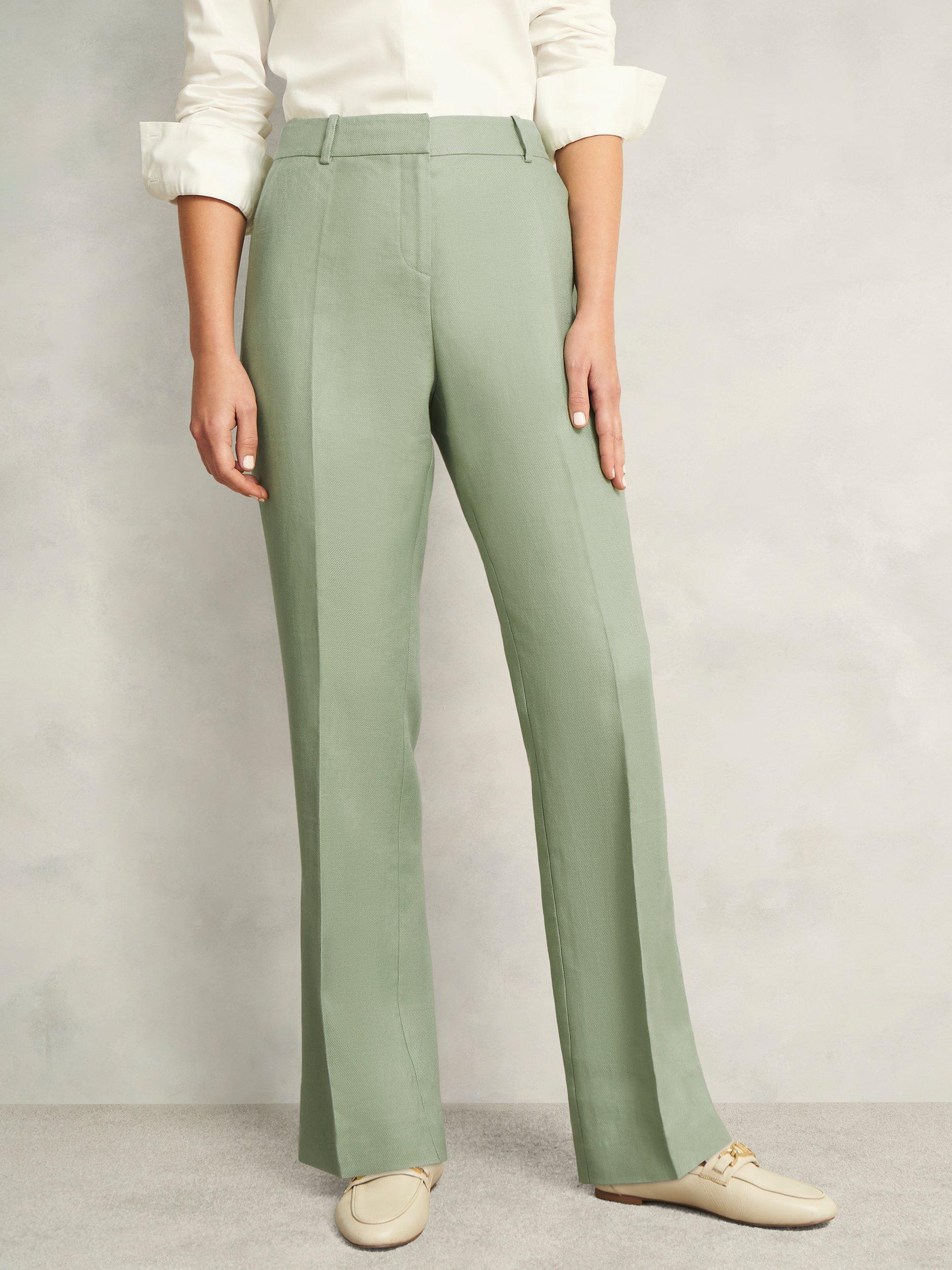 Product image 5 of 6, which shows Hobbs Petite Marietta Linen Straight Leg Trousers, Sage Green, 12