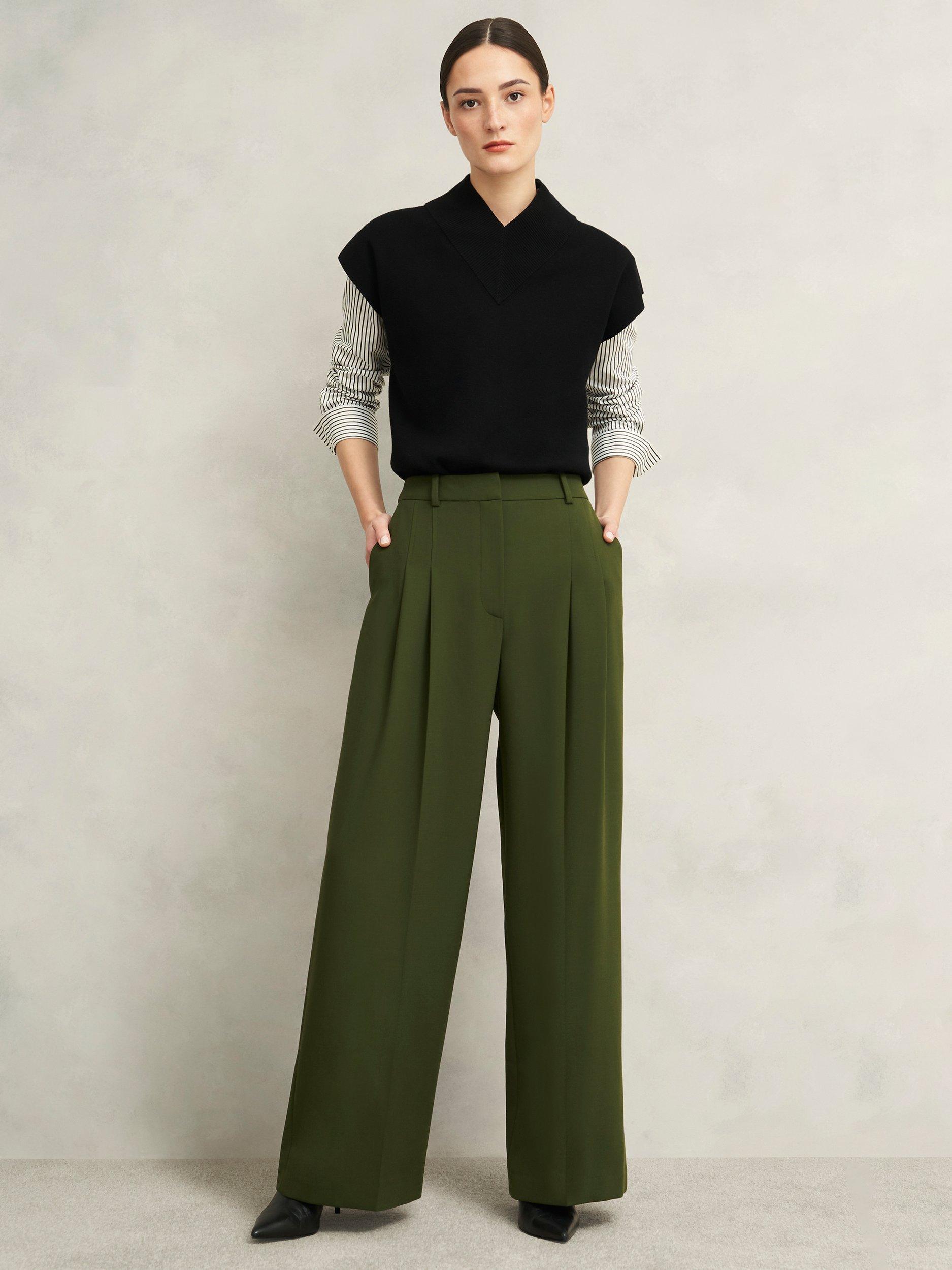 Product image 1 of 6, which shows Hobbs Alya Wide Leg Trousers, Dark Fern Green, 10