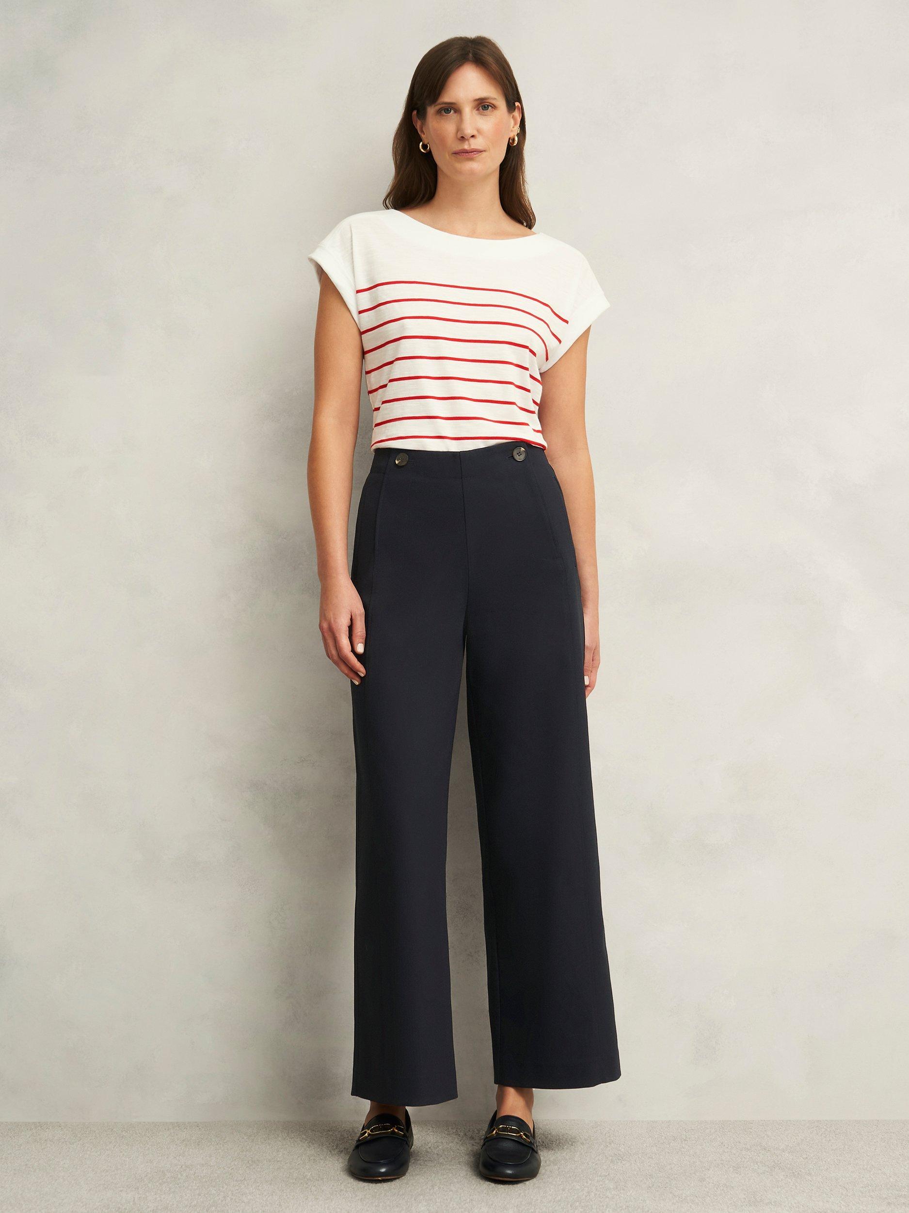 Product image 1 of 5, which shows Hobbs Petite Kimmi Cropped Wide Leg Trousers, Navy, 12