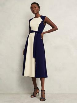 Hobbs Petite Andrea Colour Block A-Line Midi Dress, Navy Cream, Navy Cream