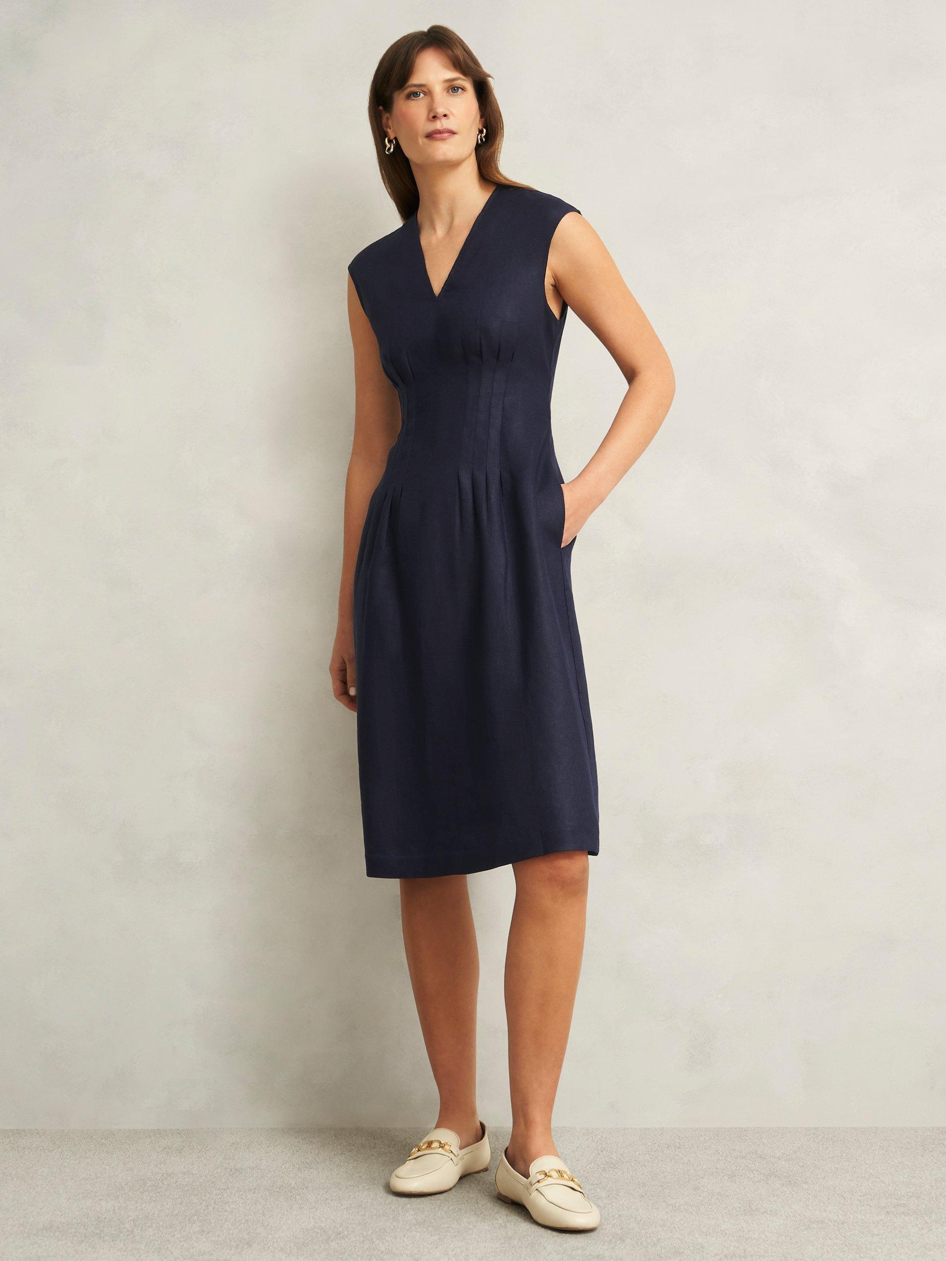 Product image 1 of 6, which shows Hobbs Petite Kayleigh Linen A-Line Knee Length Dress, Navy, 10