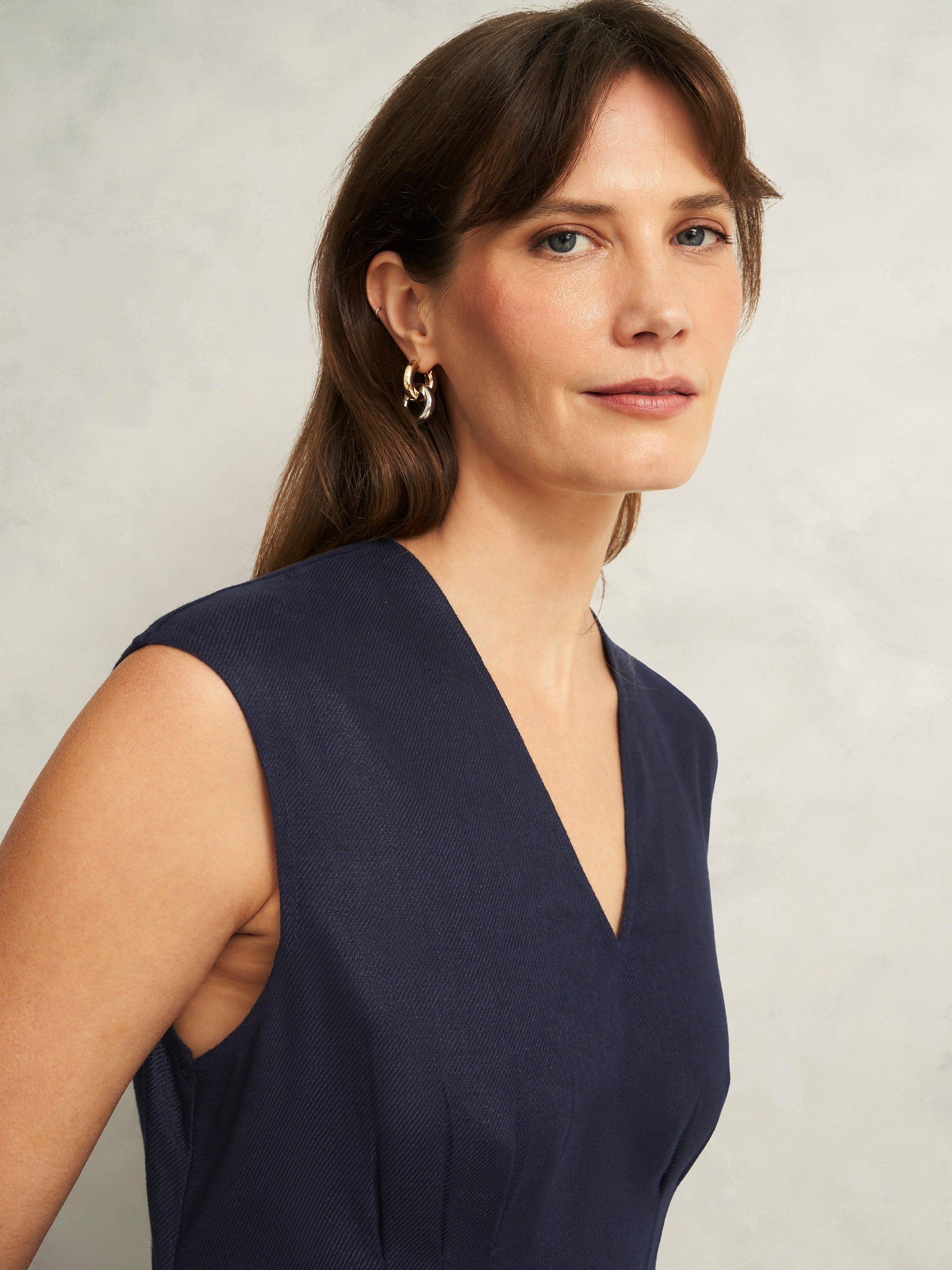 Product image 3 of 6, which shows Hobbs Petite Kayleigh Linen A-Line Knee Length Dress, Navy, 10