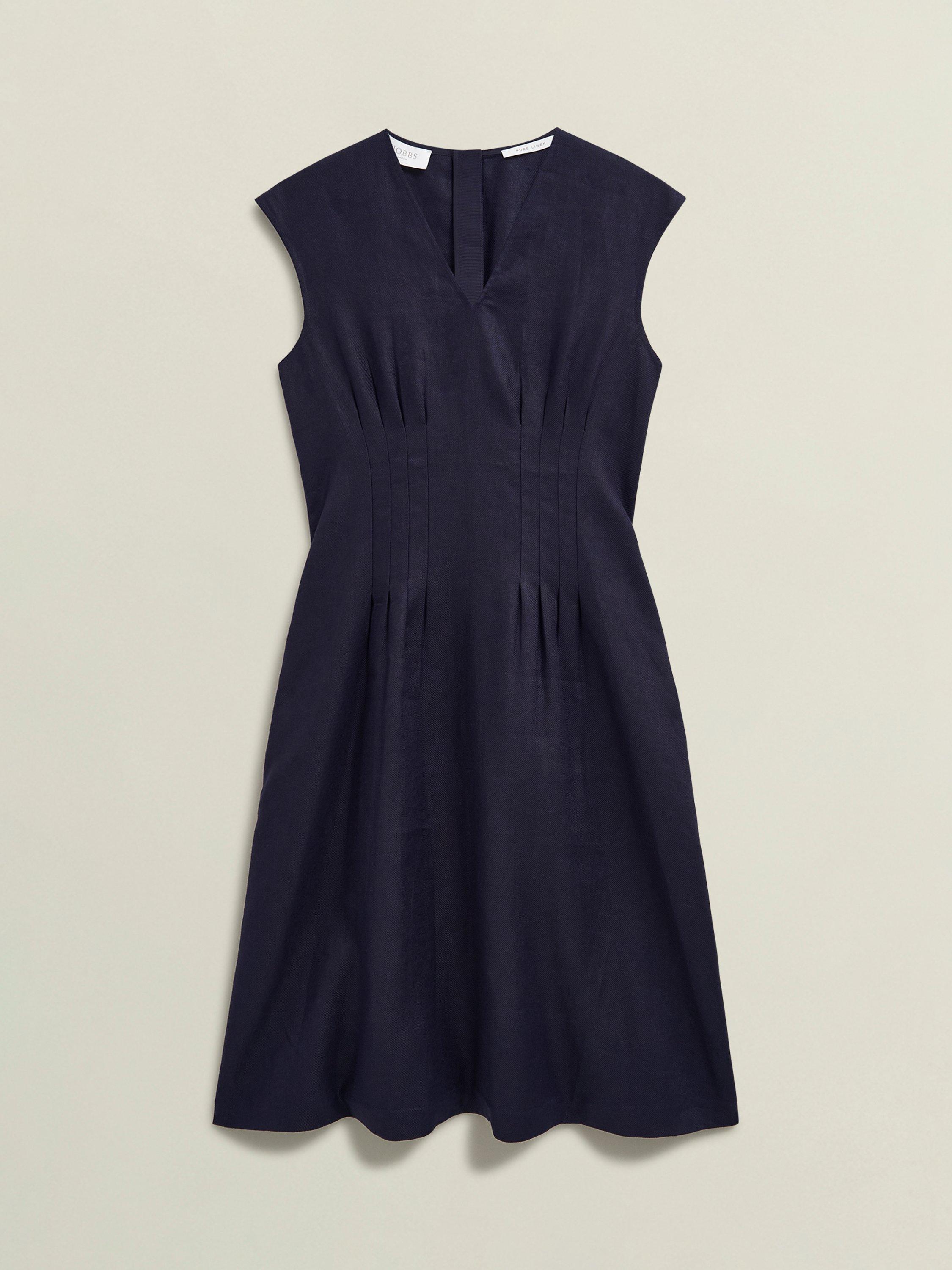 Product image 4 of 6, which shows Hobbs Petite Kayleigh Linen A-Line Knee Length Dress, Navy, 10