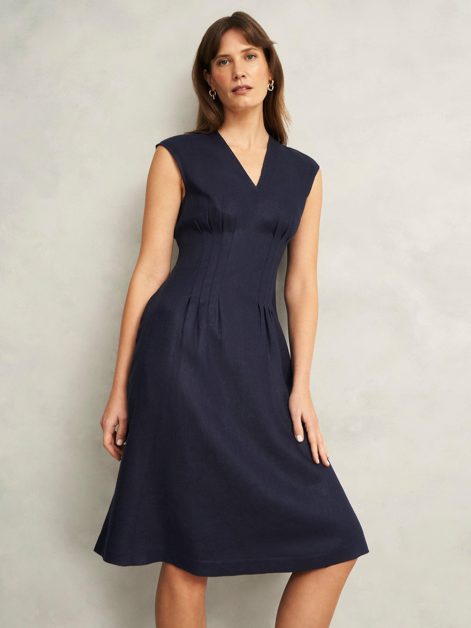 Product image 5 of 6, which shows Hobbs Petite Kayleigh Linen A-Line Knee Length Dress, Navy, 10