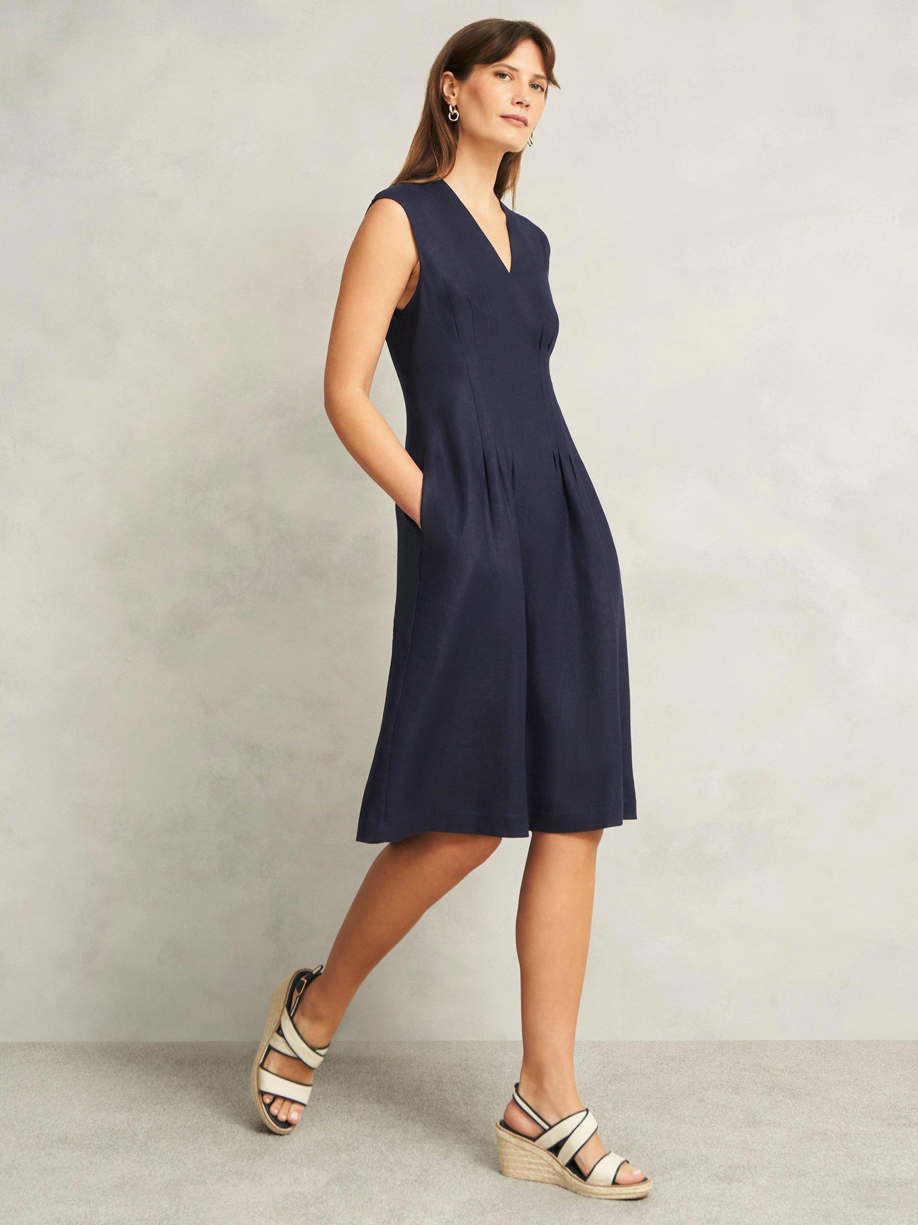 Product image 6 of 6, which shows Hobbs Petite Kayleigh Linen A-Line Knee Length Dress, Navy, 10