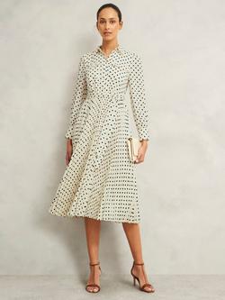 Hobbs Petite Larina Polka Dot Pleated Knee Length Shirt Dress, Ivory Navy, Ivory Navy
