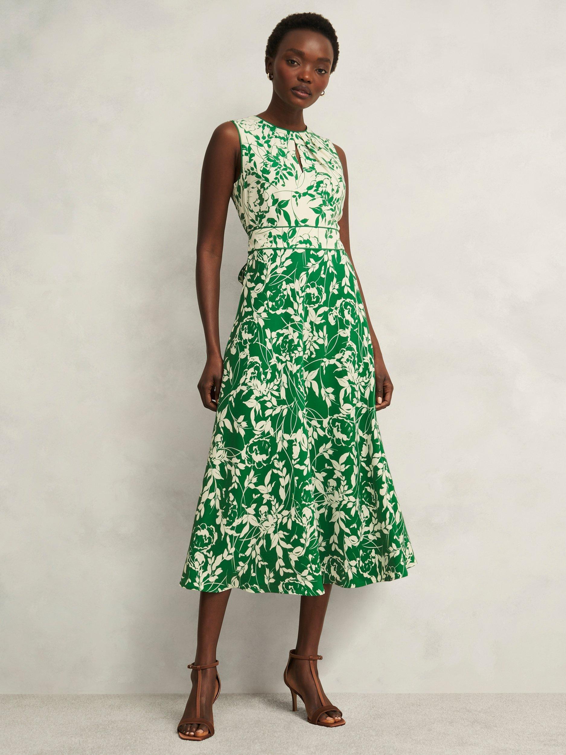 Product image 1 of 6, which shows Hobbs Petite Maddie Floral A-Line Dress, Green Cream, 10