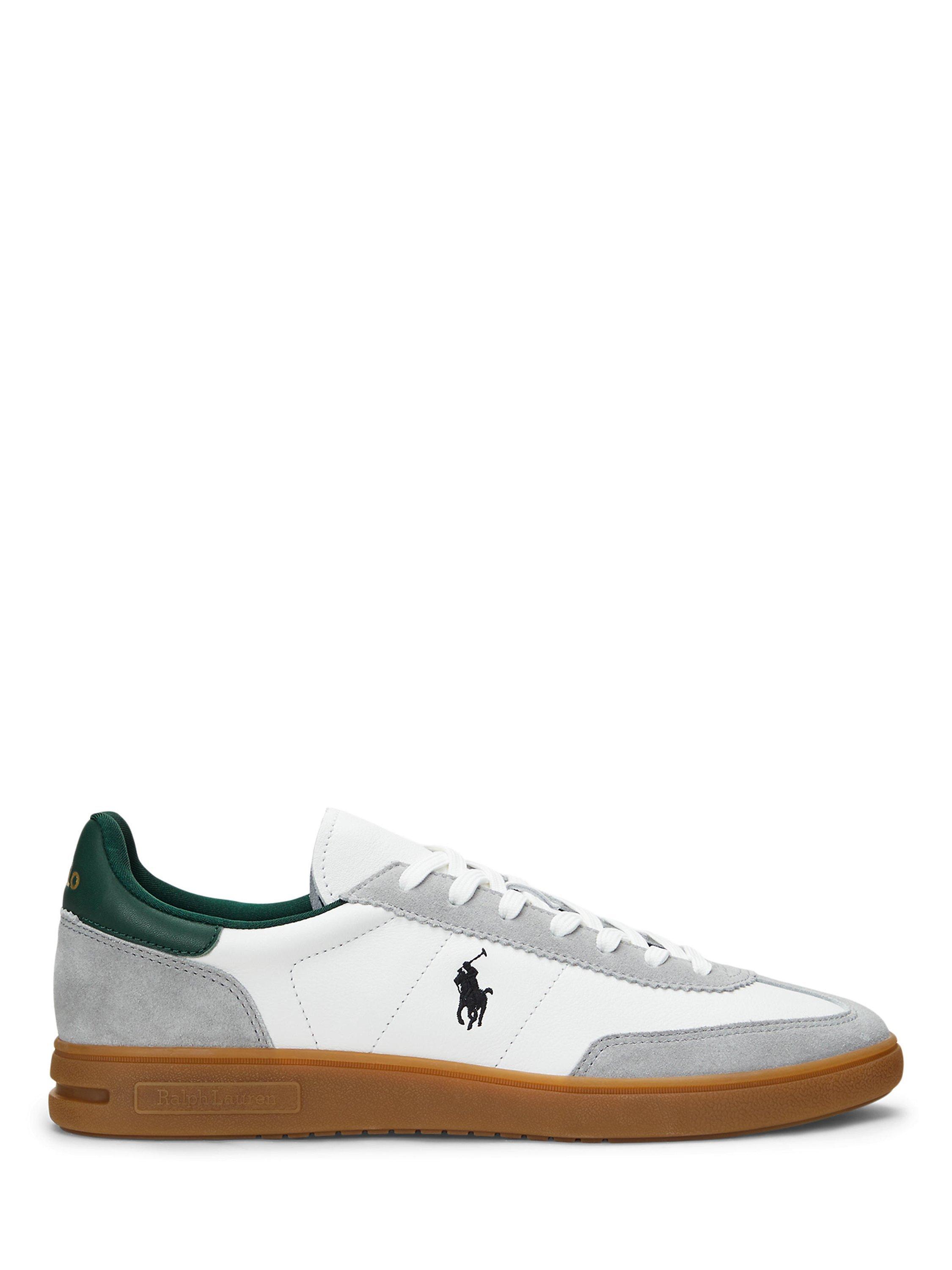 Product image 1 of 4, which shows Ralph Lauren Bedford Leather Trainers, White/Grey/Forest, 7