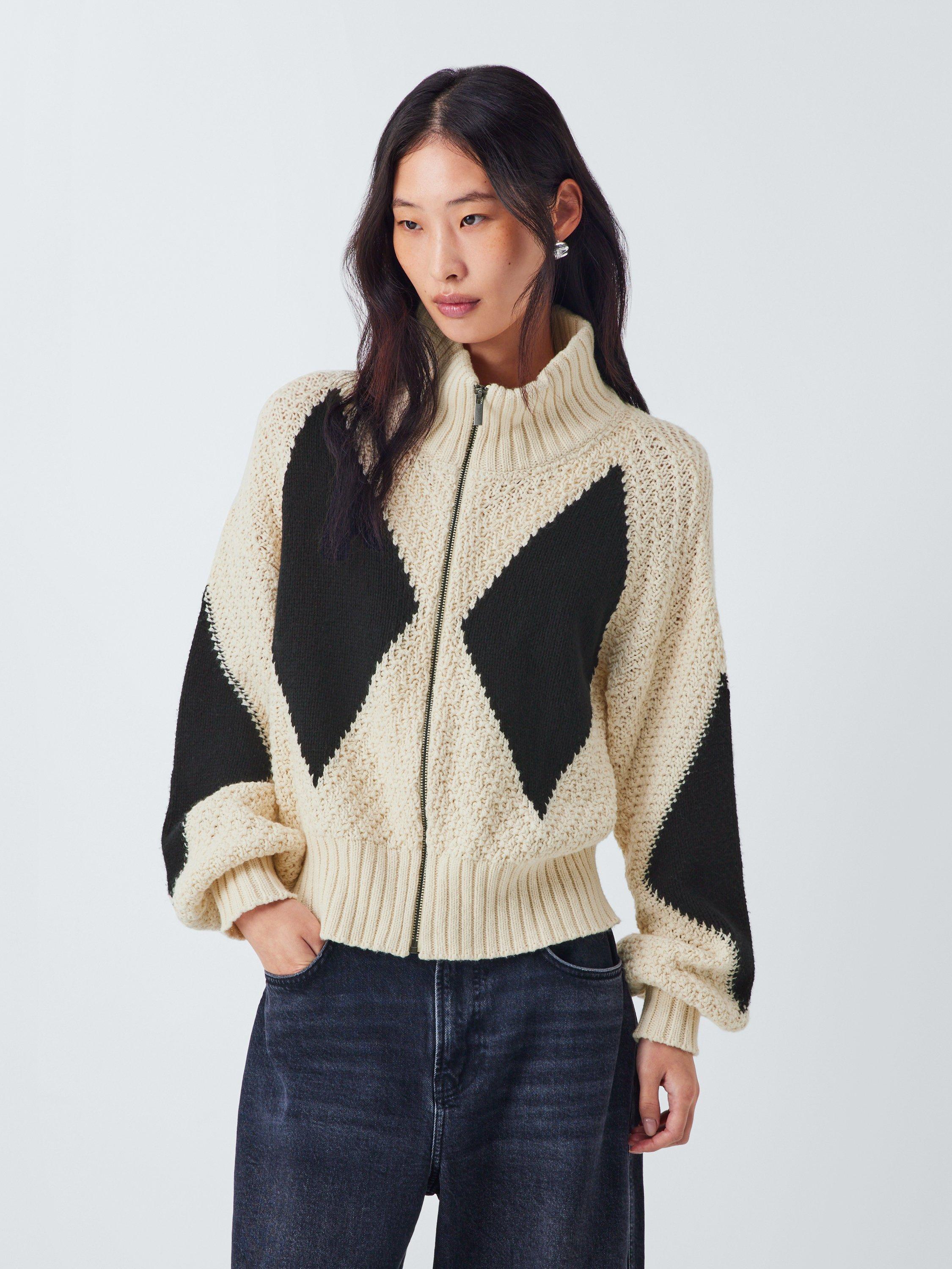 AND/OR Argyle High Neck Zip Cardigan, Cream/Black