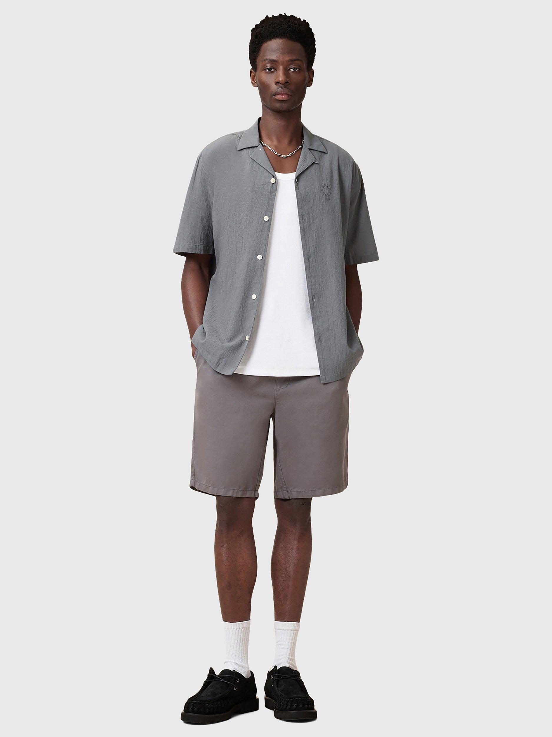Product image 3 of 6, which shows AllSaints Haven Slim Fit Short Sleeve Revere Collar Cotton Shirt, Pillar Grey, L