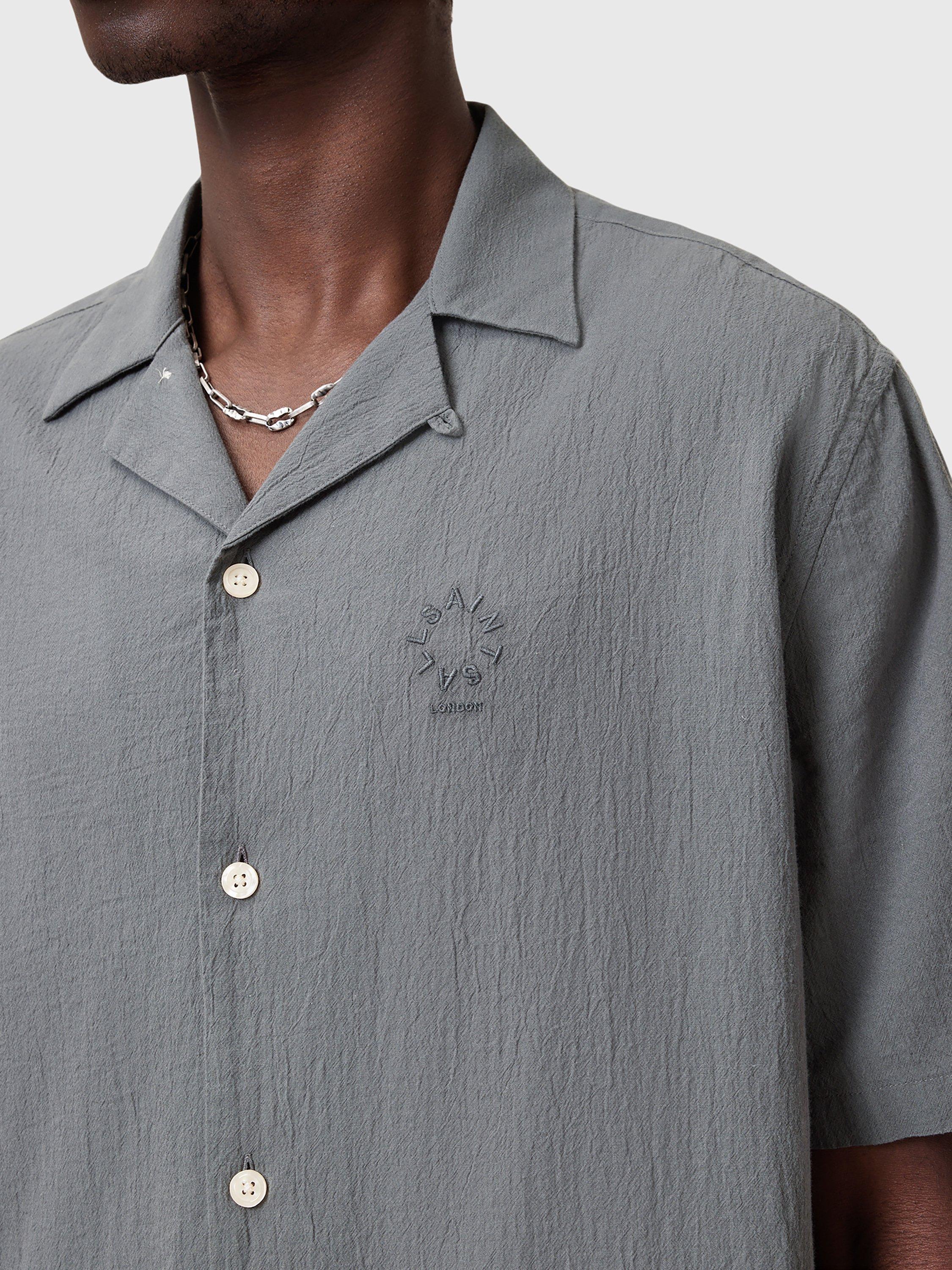 Product image 5 of 6, which shows AllSaints Haven Slim Fit Short Sleeve Revere Collar Cotton Shirt, Pillar Grey, L