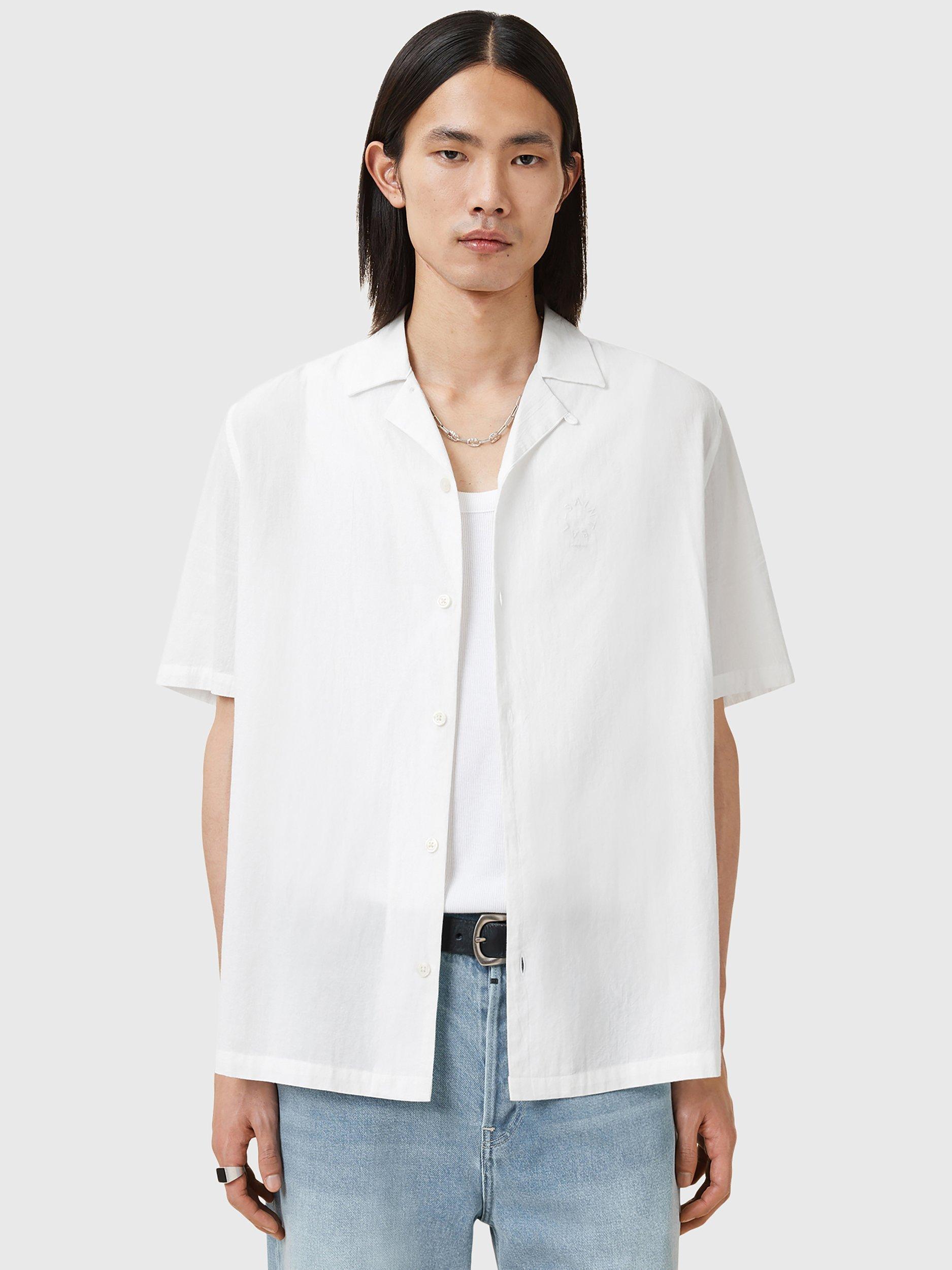 Product image 1 of 9, which shows AllSaints Haven Organic Cotton Slim Fit Cuban Collar Shirt, White, L