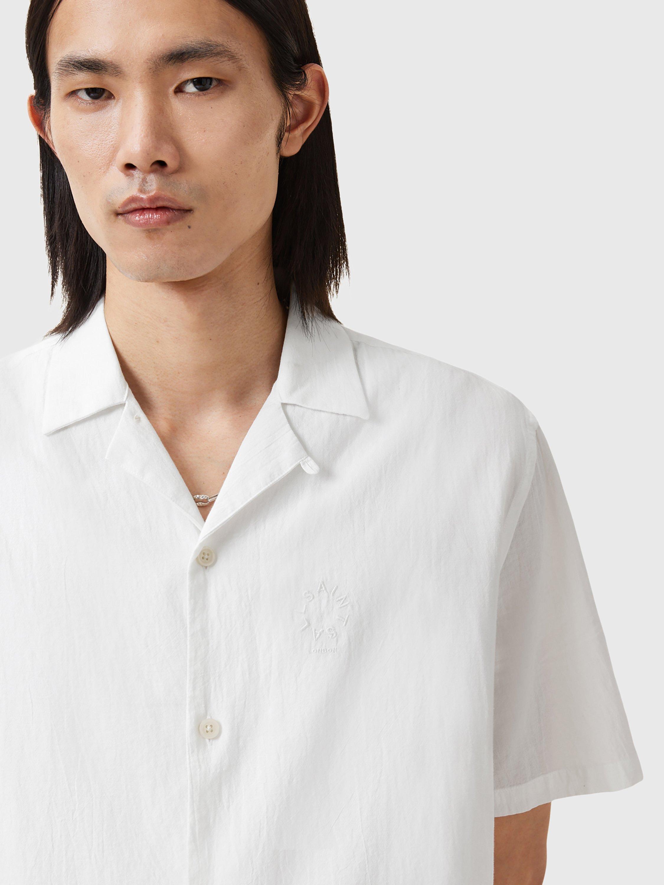 Product image 5 of 9, which shows AllSaints Haven Organic Cotton Slim Fit Cuban Collar Shirt, White, L