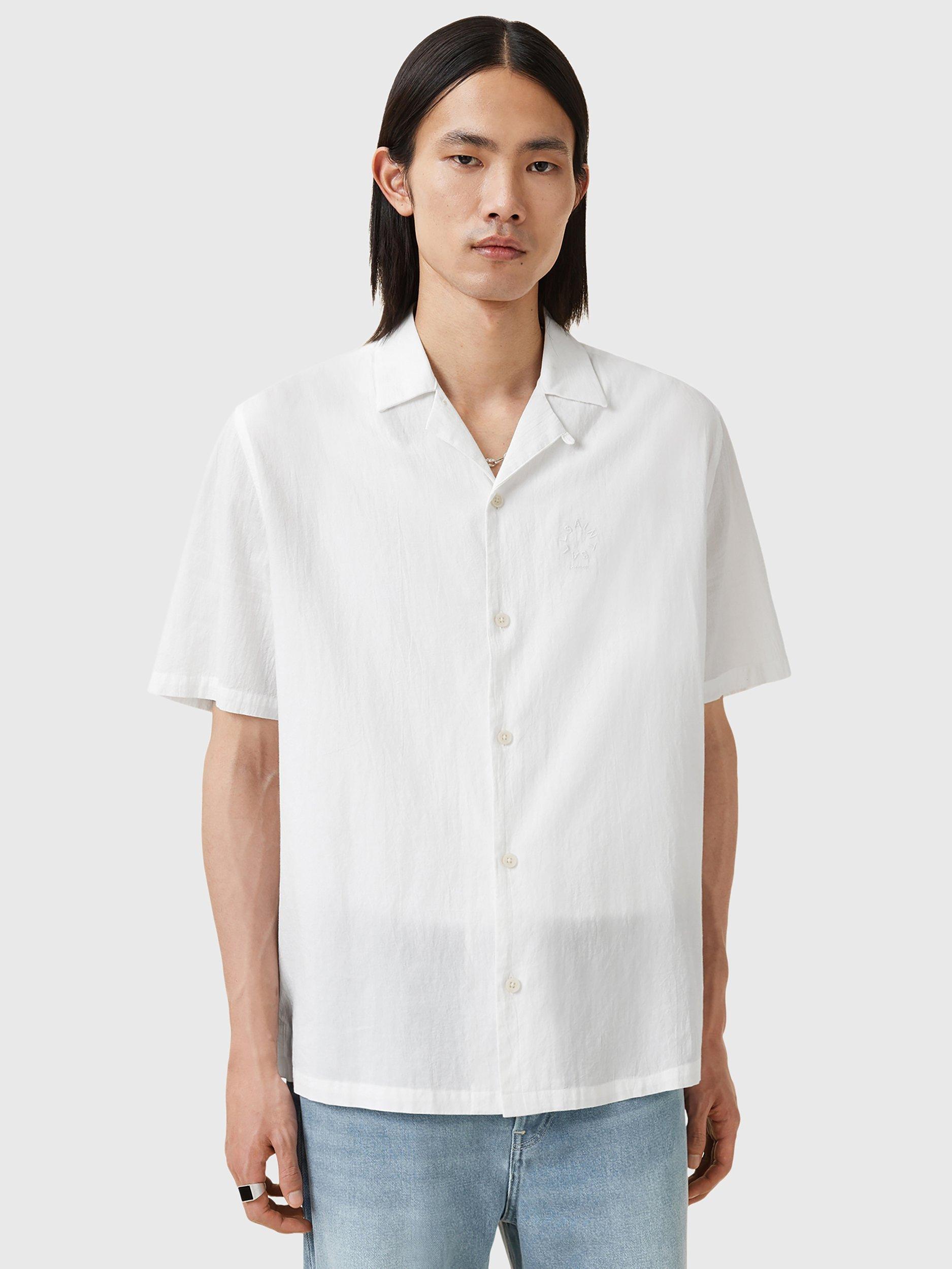 Product image 6 of 9, which shows AllSaints Haven Organic Cotton Slim Fit Cuban Collar Shirt, White, L