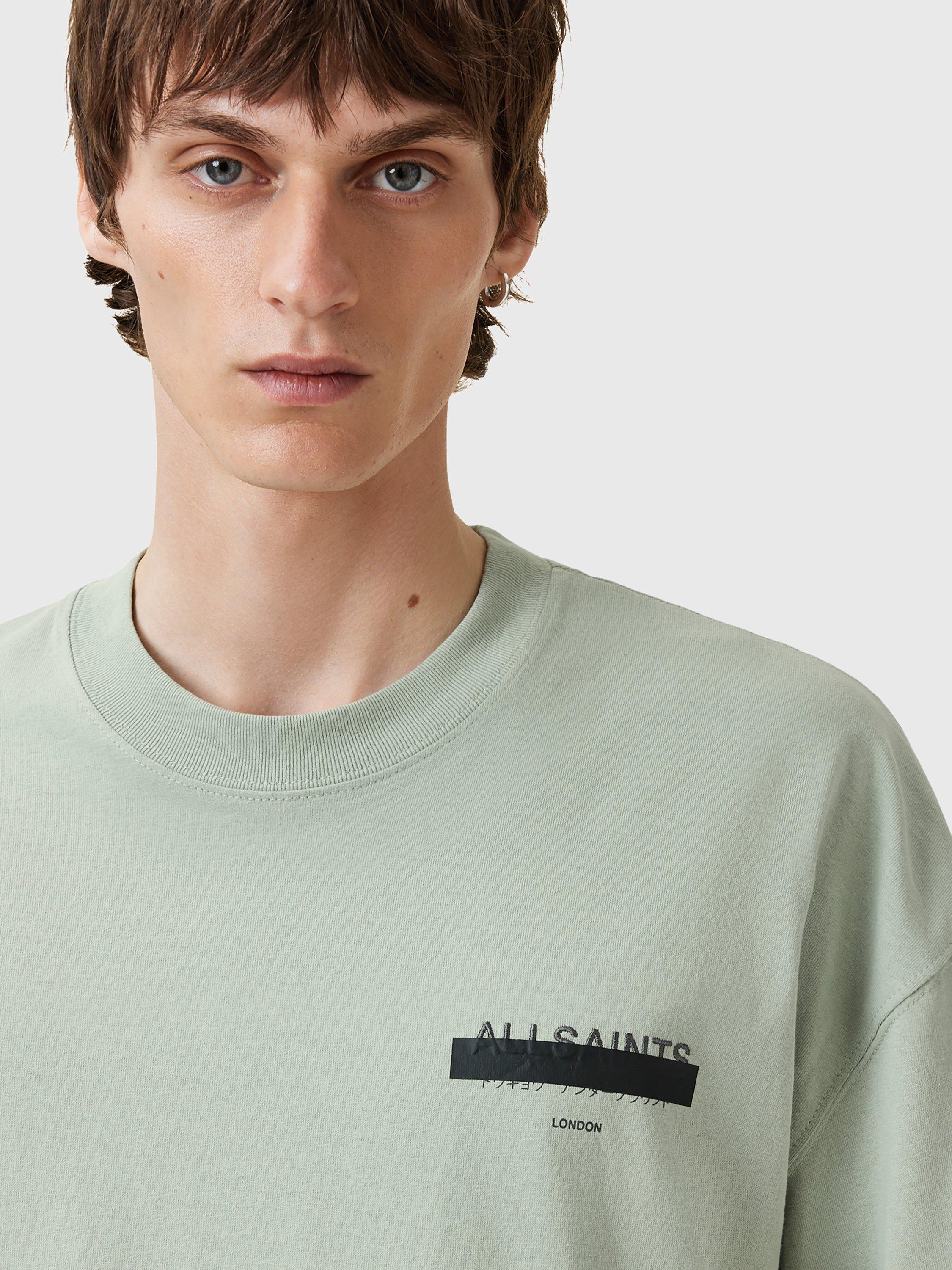 Product image 5 of 11, which shows AllSaints Redact Cotton Loose Fit Short Sleeve Logo T-Shirt, Mineral Green, L