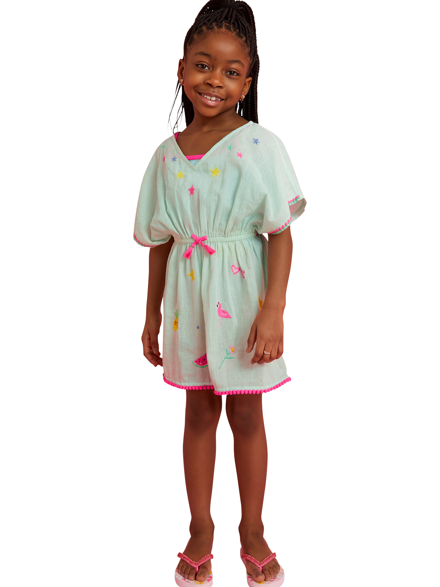 Product image 1 of 4, which shows Angels by Accessorize Kids' Sunbeam Embroidered Kaftan, Green, 18-24 months