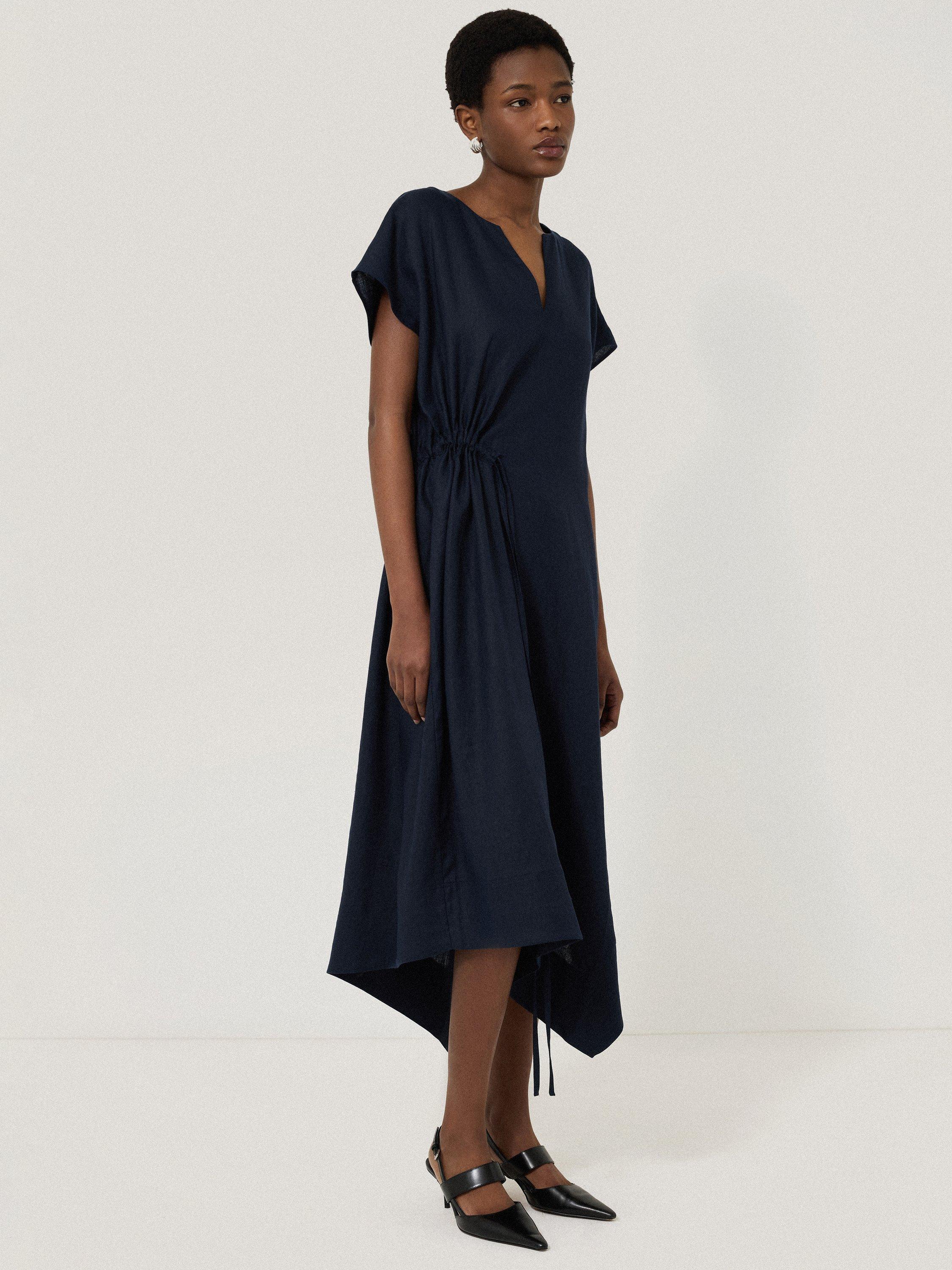 Product image 1 of 6, which shows Jigsaw Hanky Hem Pure Linen Dress, Navy, 6