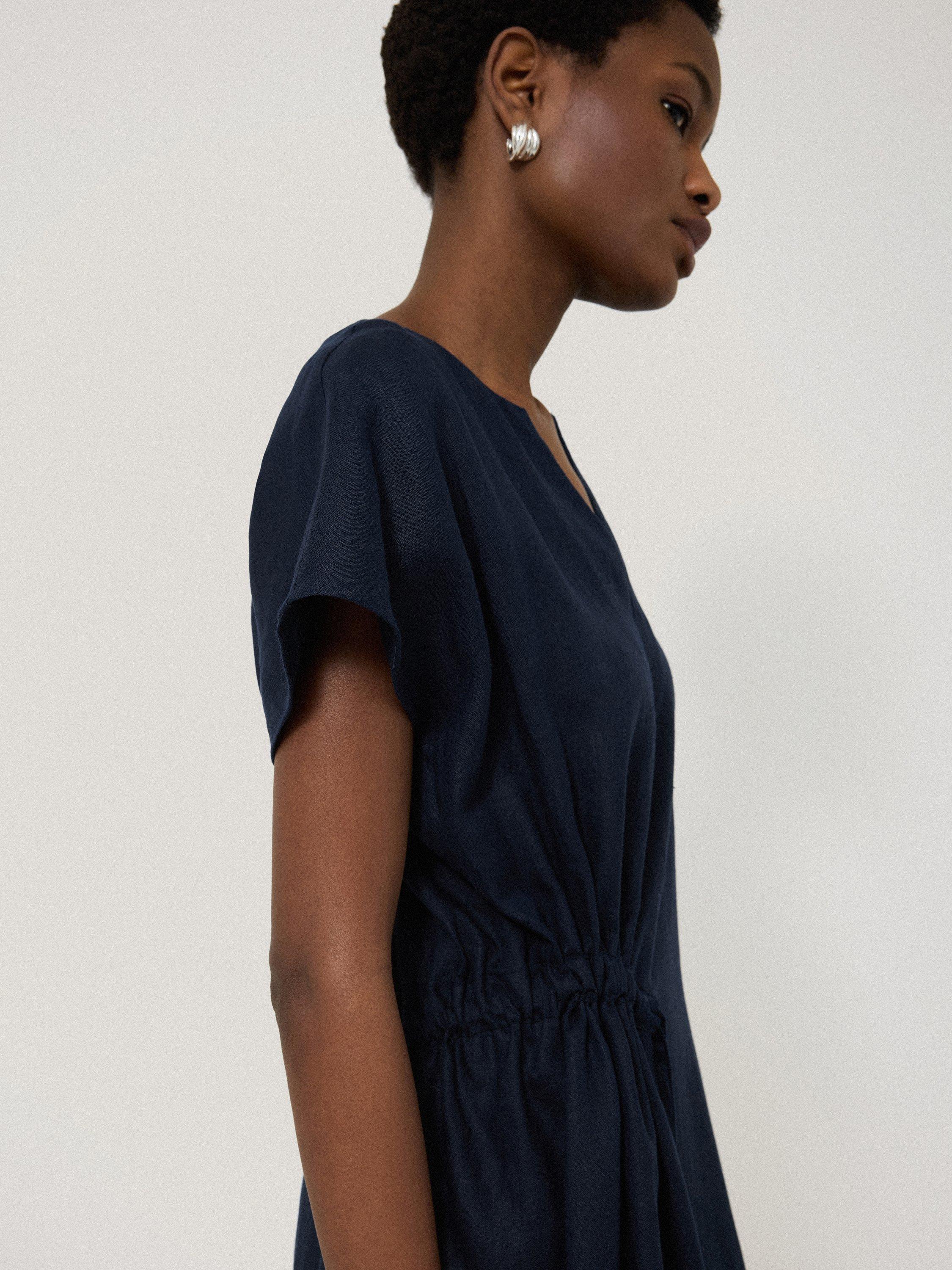 Product image 3 of 6, which shows Jigsaw Hanky Hem Pure Linen Dress, Navy, 6