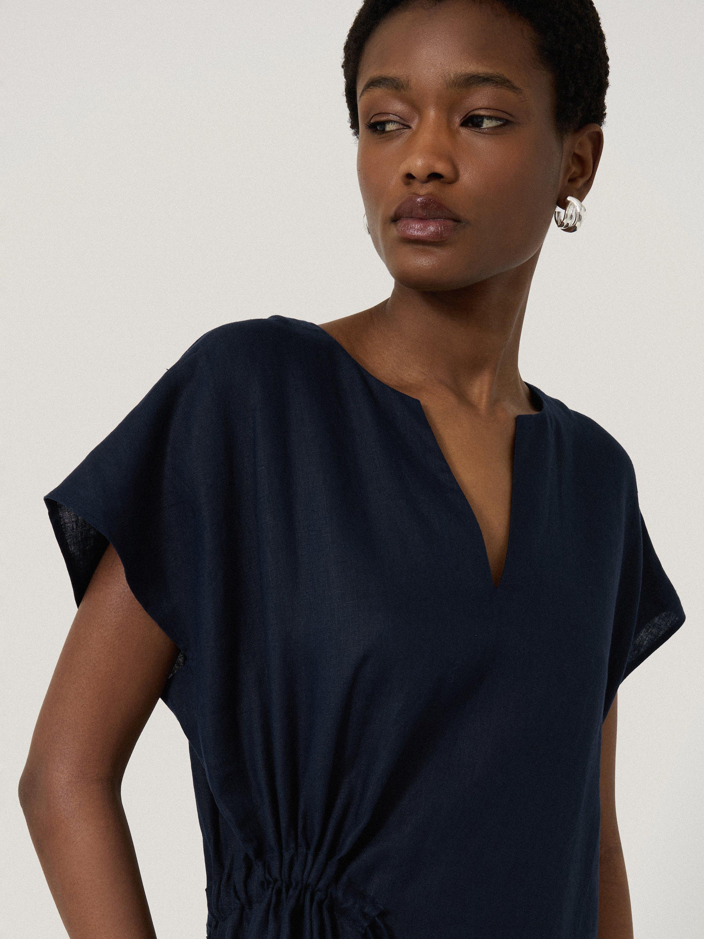 Product image 4 of 6, which shows Jigsaw Hanky Hem Pure Linen Dress, Navy, 6