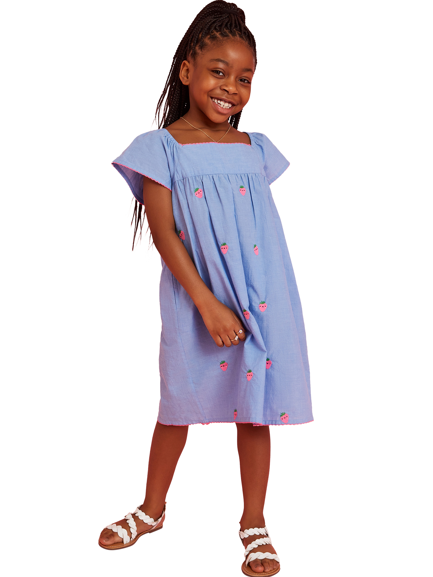 Product image 1 of 4, which shows Angels by Accessorize Kids' Strawberry Embroidered Chambray Dress, Blue, 3-4 years