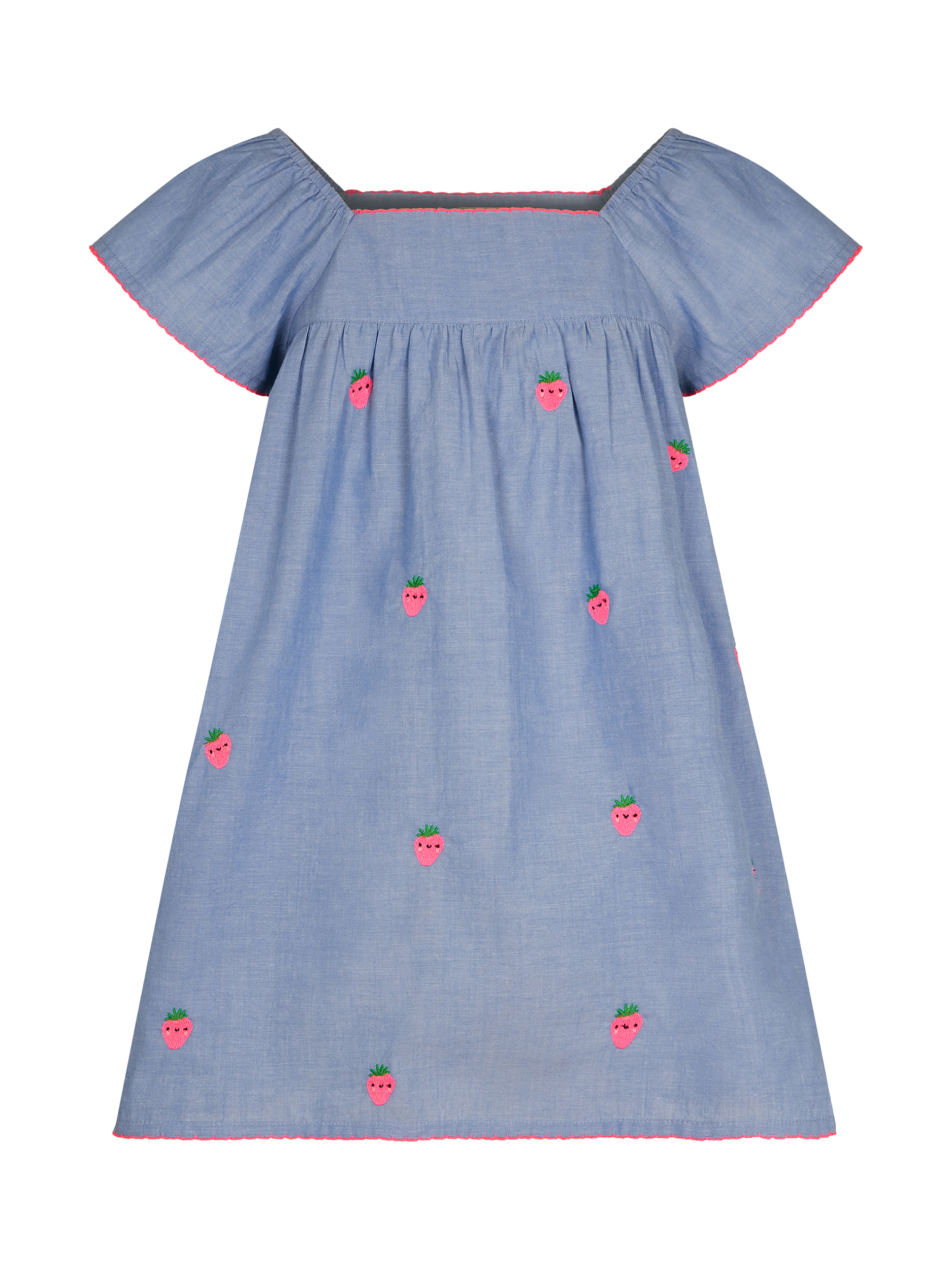 Product image 2 of 4, which shows Angels by Accessorize Kids' Strawberry Embroidered Chambray Dress, Blue, 3-4 years