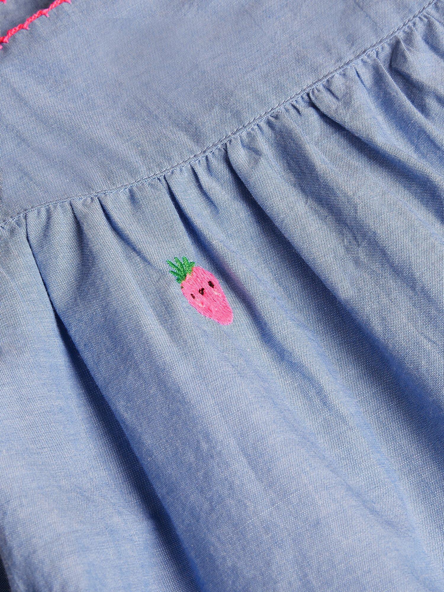 Product image 4 of 4, which shows Angels by Accessorize Kids' Strawberry Embroidered Chambray Dress, Blue, 3-4 years