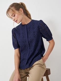 Crew Clothing Gabriella Crew Neck Broderie Blouse, Navy Blue, Navy Blue