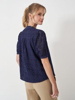 Crew Clothing Gabriella Crew Neck Broderie Blouse, Navy Blue - view 2, Navy Blue