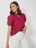 Crew Clothing Gabriella Crew Neck Broderie Puff Sleeve Blouse, Dark Pink
