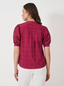 Crew Clothing Gabriella Crew Neck Broderie Puff Sleeve Blouse, Dark Pink - view 2, Dark Pink
