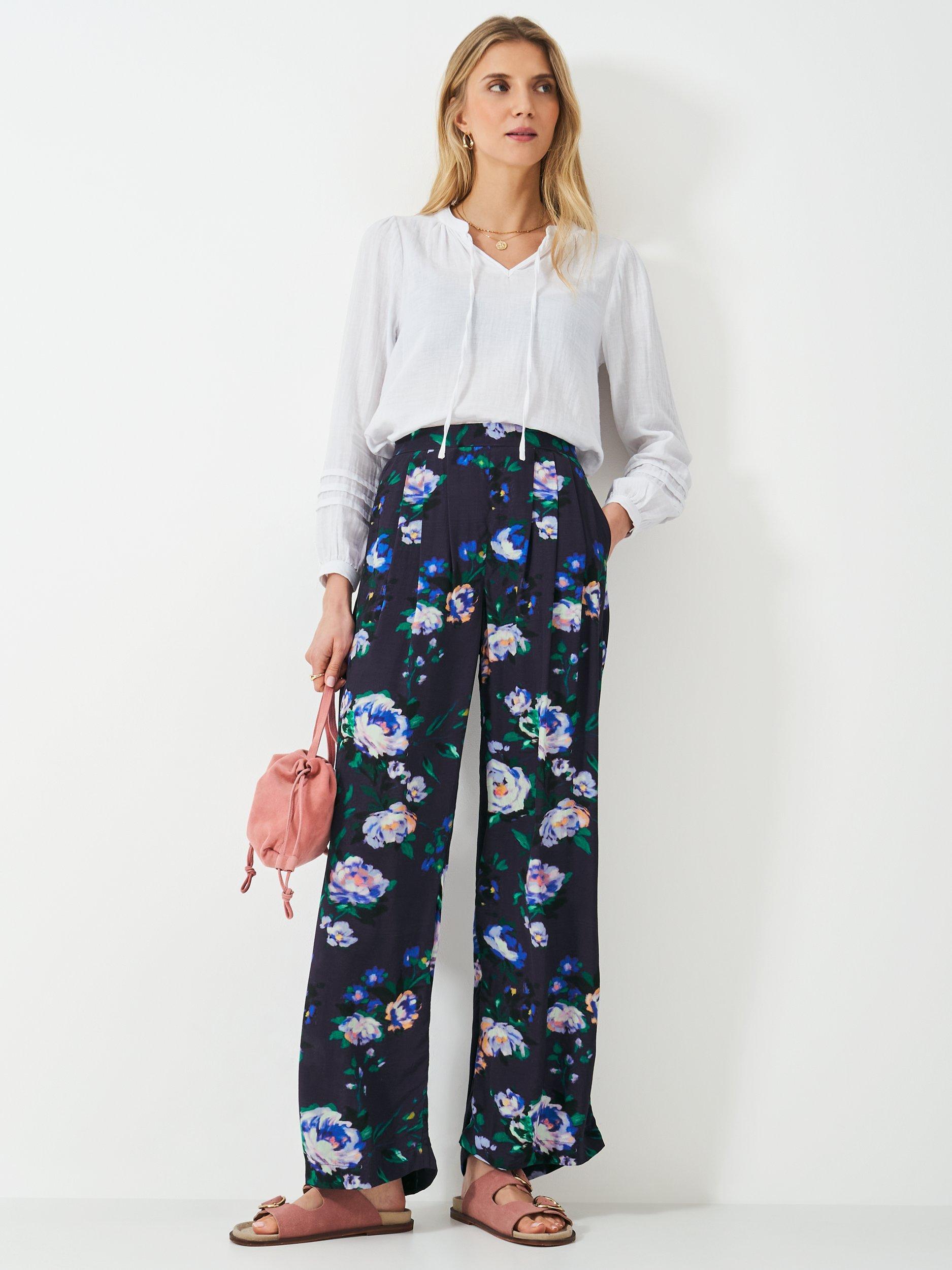 Product image 1 of 5, which shows Crew Clothing Dion Barge Floral Trousers, Blue, 6