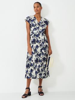 Crew Clothing Floral Wrap Pleat Dress, Navy Blue, Navy Blue