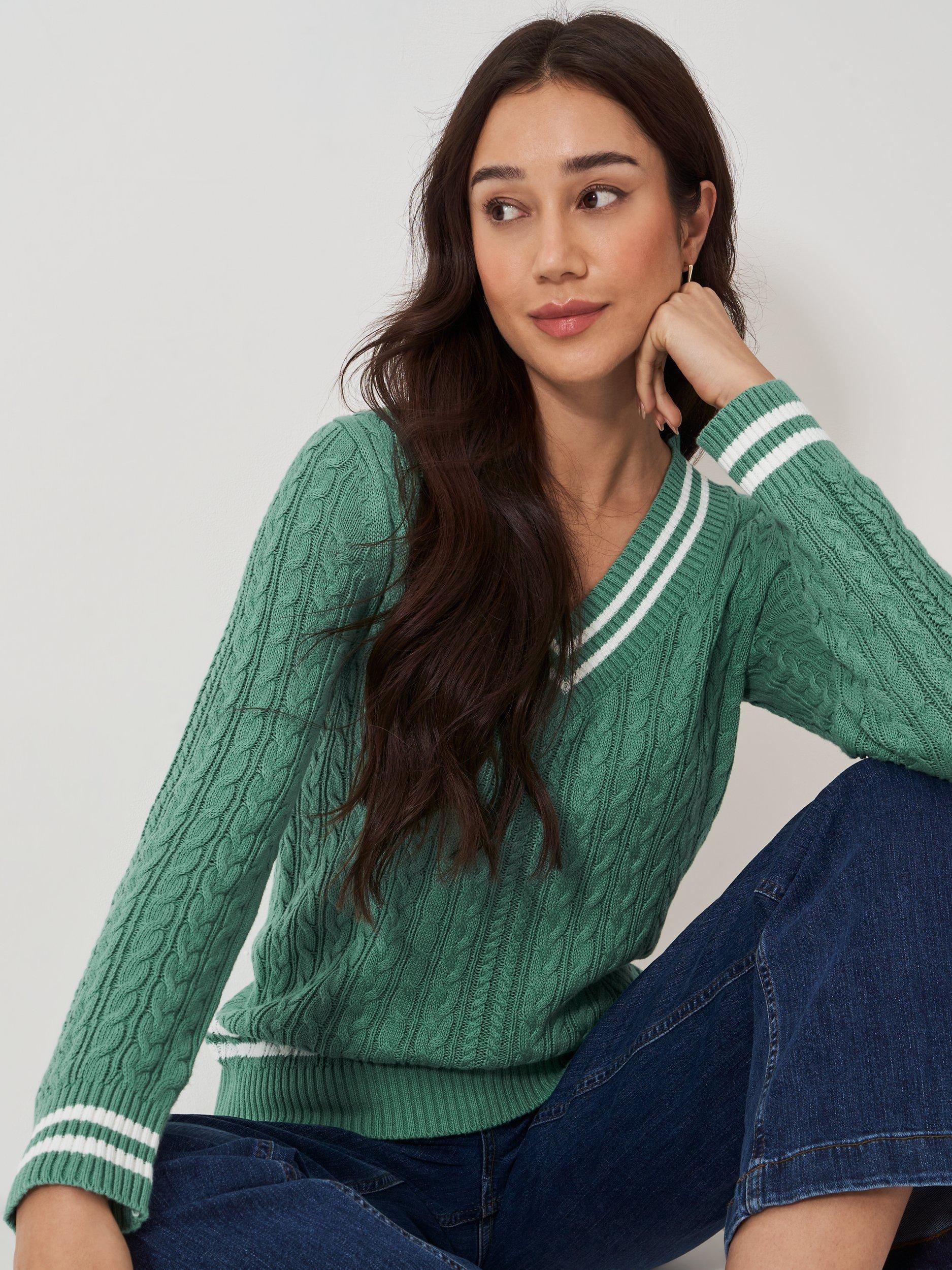 Product image 1 of 5, which shows Crew Clothing Cable Knit V-Neck Cricket Jumper, Green/White, 6