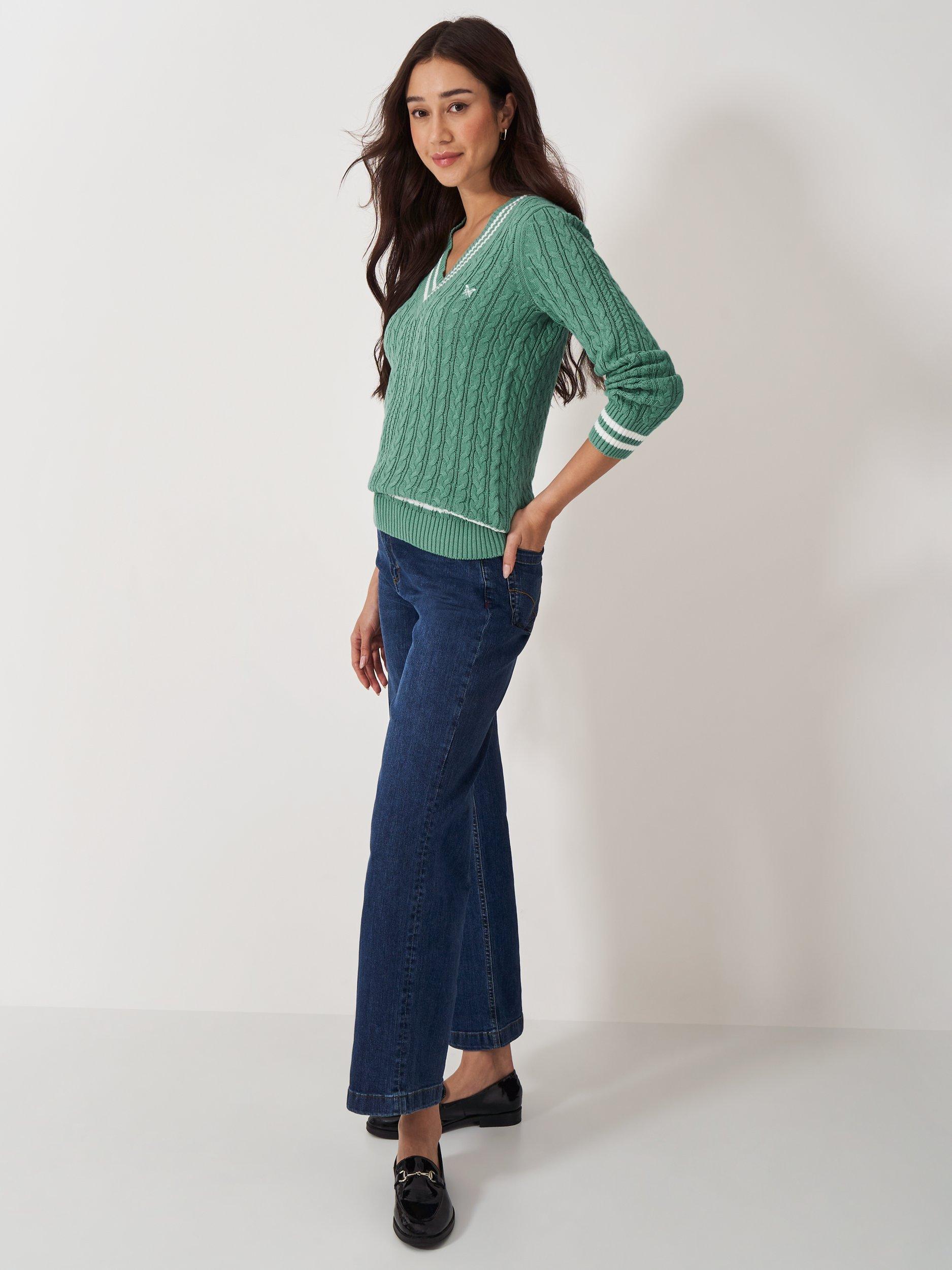 Product image 2 of 5, which shows Crew Clothing Cable Knit V-Neck Cricket Jumper, Green/White, 6