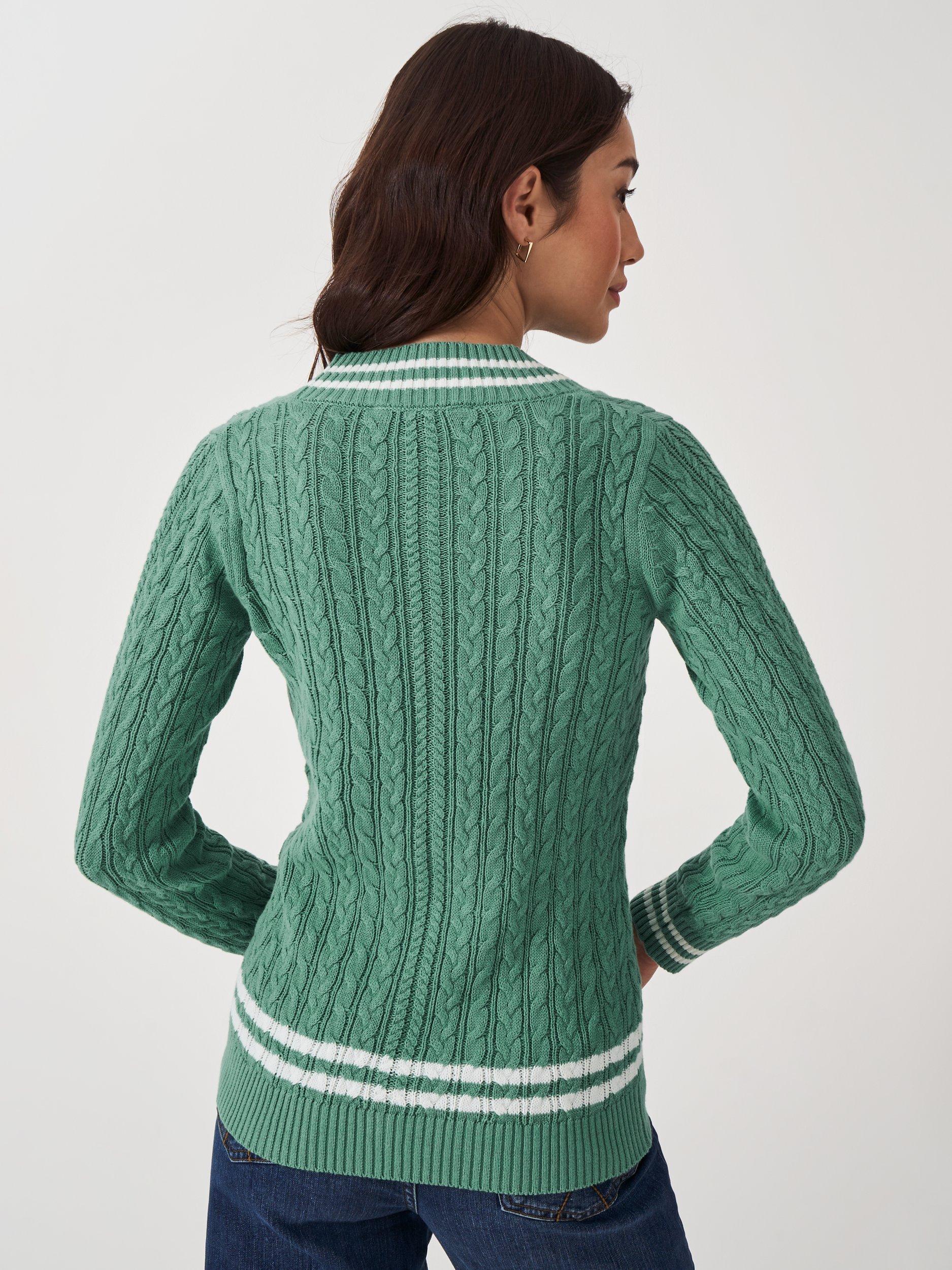 Product image 3 of 5, which shows Crew Clothing Cable Knit V-Neck Cricket Jumper, Green/White, 6