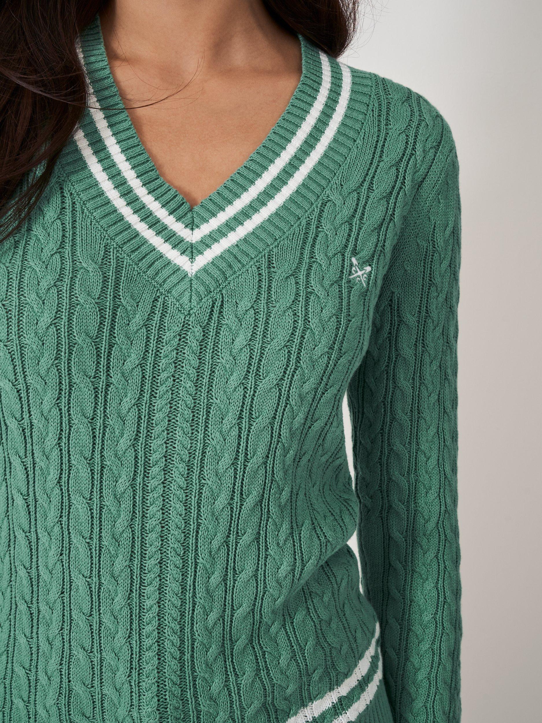 Product image 4 of 5, which shows Crew Clothing Cable Knit V-Neck Cricket Jumper, Green/White, 6