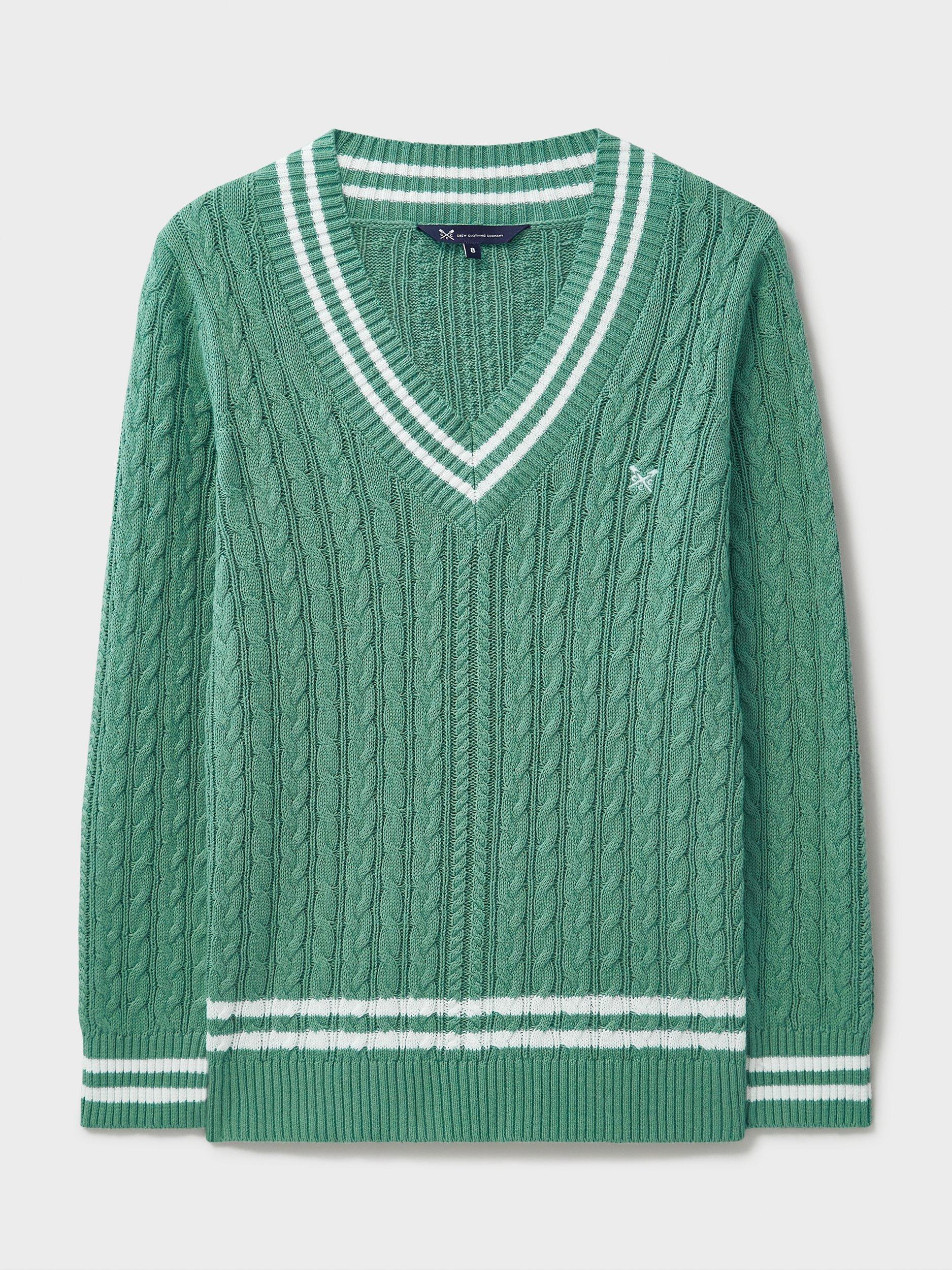 Product image 5 of 5, which shows Crew Clothing Cable Knit V-Neck Cricket Jumper, Green/White, 6