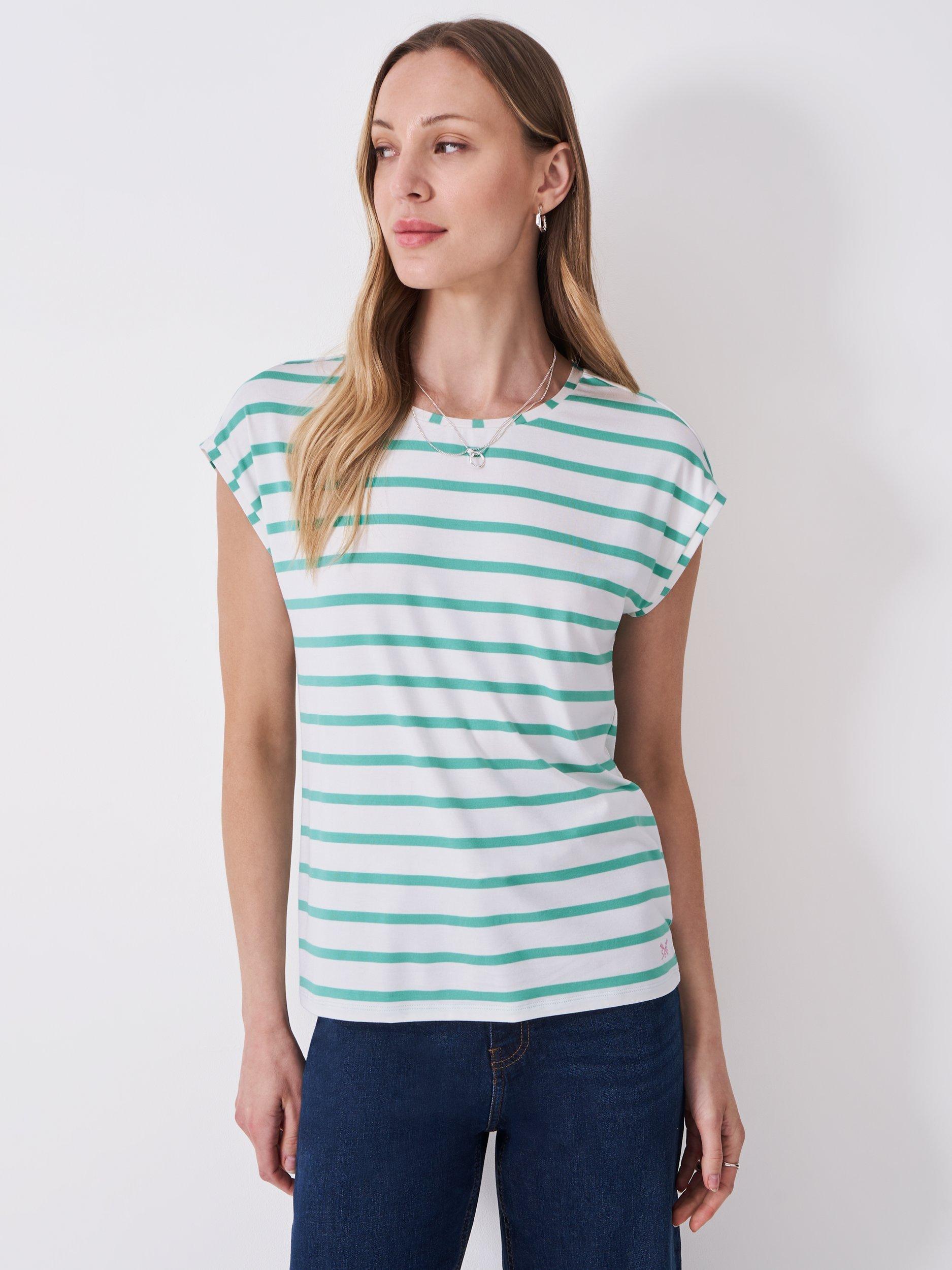 Product image 1 of 5, which shows Crew Clothing Ruby Stripe T-Shirt, Blue/White, 6