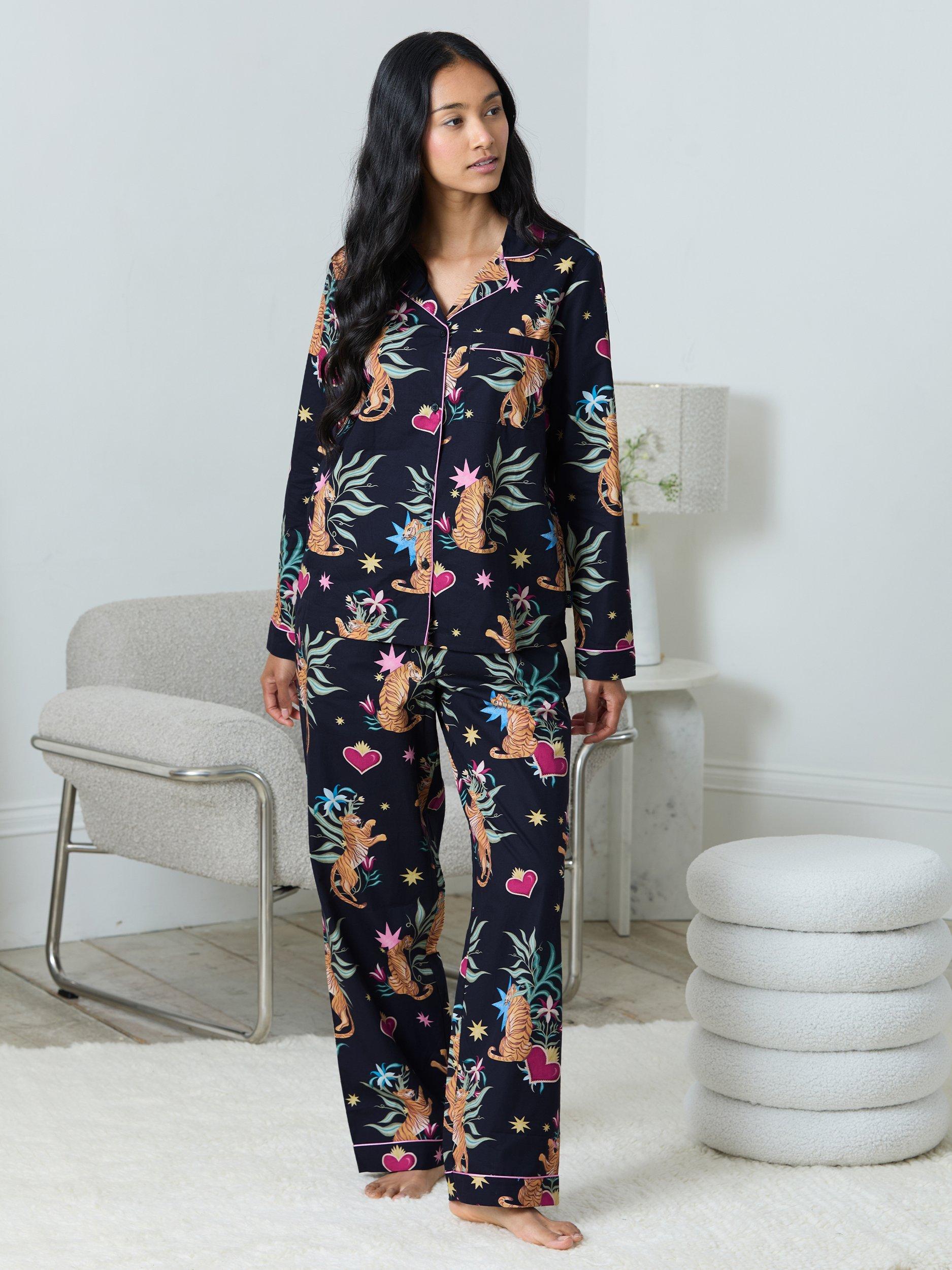 Product image 1 of 5, which shows Chelsea Peers Enchanted Tiger Button Through Long Pyjama Set, Navy, 8
