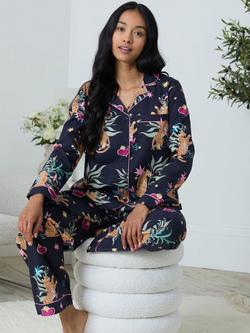 Chelsea Peers Enchanted Tiger Button Through Long Pyjama Set, Navy - view 2, Navy